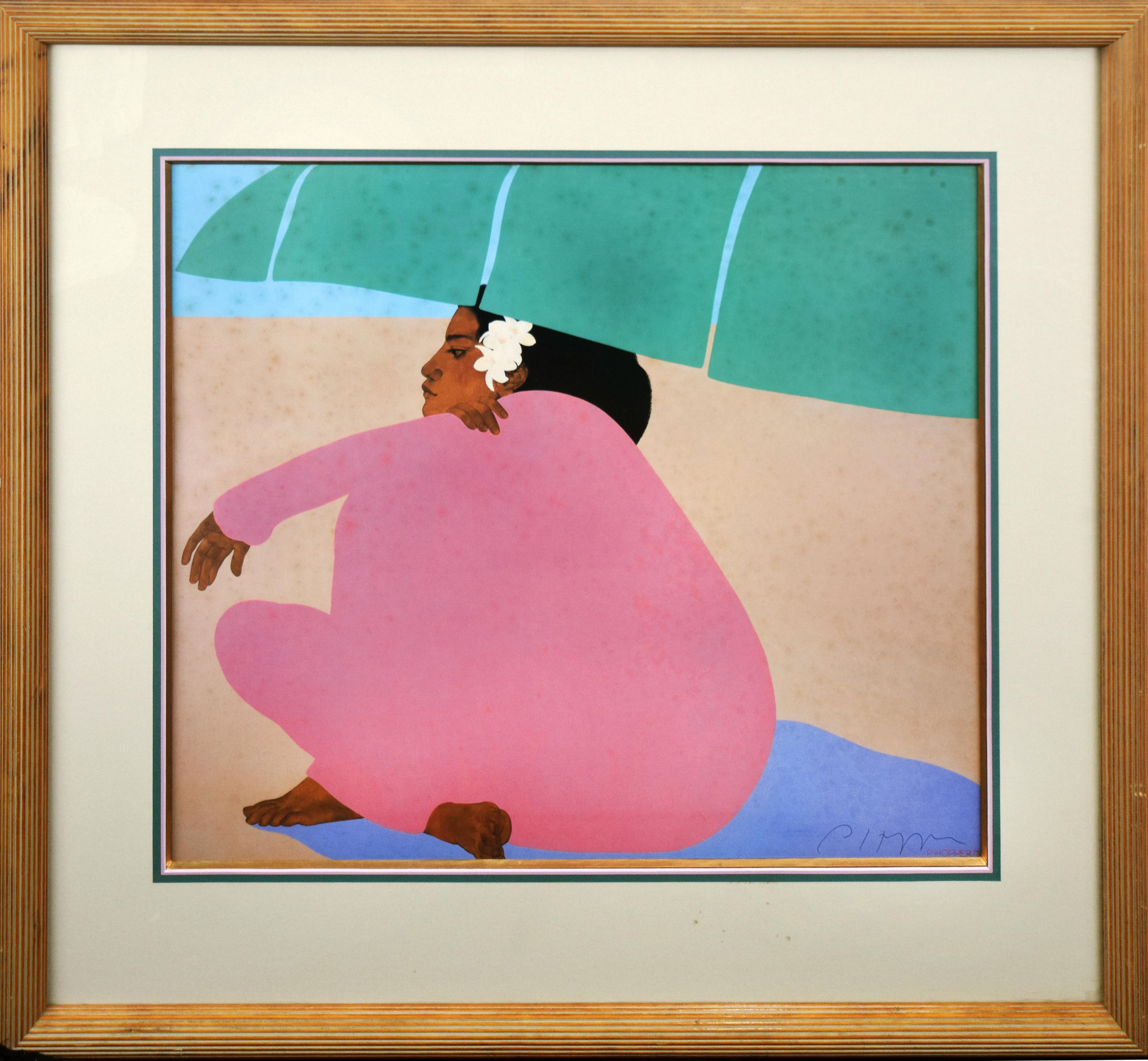 Pegge Hopper  Landscape Print - Hawaiian Woman At The Beach 1978 Signed and Dated Serigraph