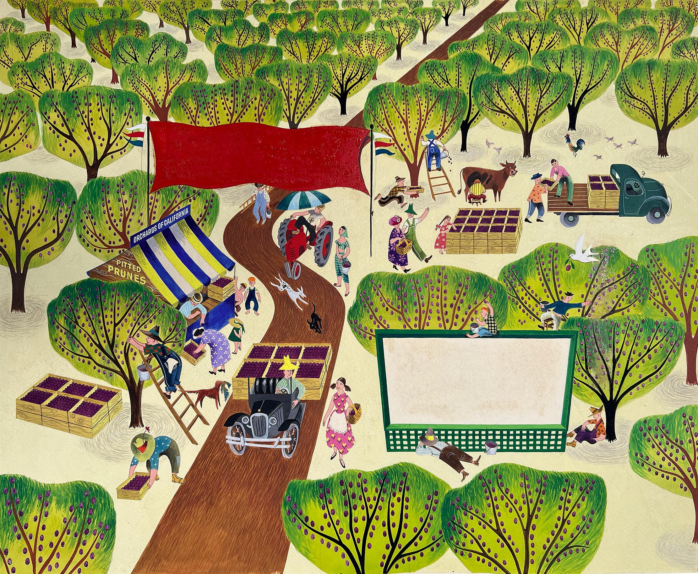 Peggie Bach Landscape Painting - Happy California Prune Farmers - Female Illustrator - Mid Century