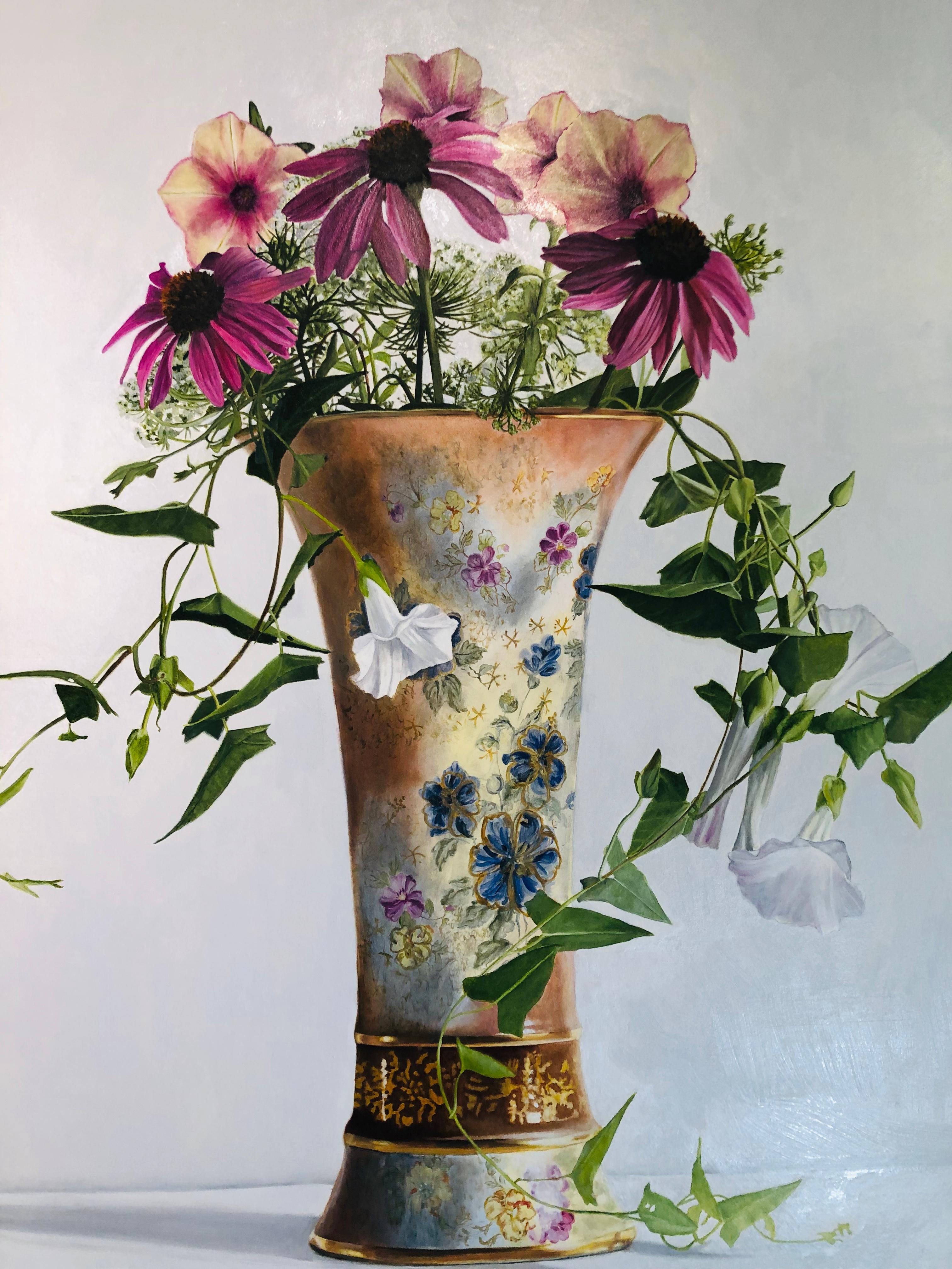 Cone Flowers Still Life  - Beige Still-Life Painting by Peggie Blizard