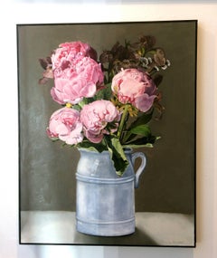 Contemporary Still Life Painting Pink Peonies In Silver Pitcher
