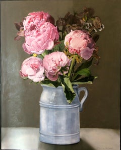 Contemporary Still Life Painting Pink Peonies In Silver Pitcher