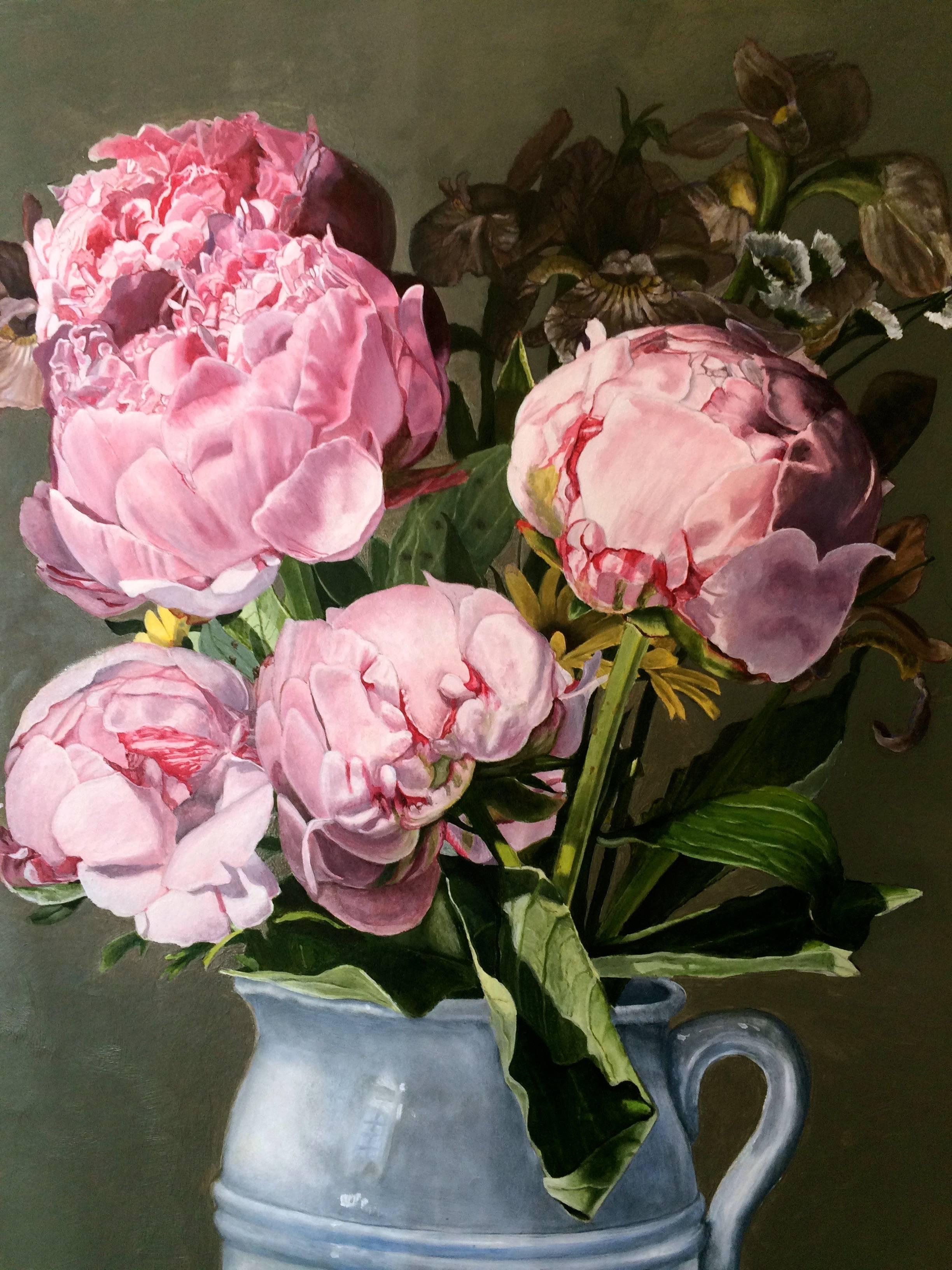 Zeitgenössisches Stillleben mit rosa Pfingstrosen (Realismus), Painting, von Peggie Blizard