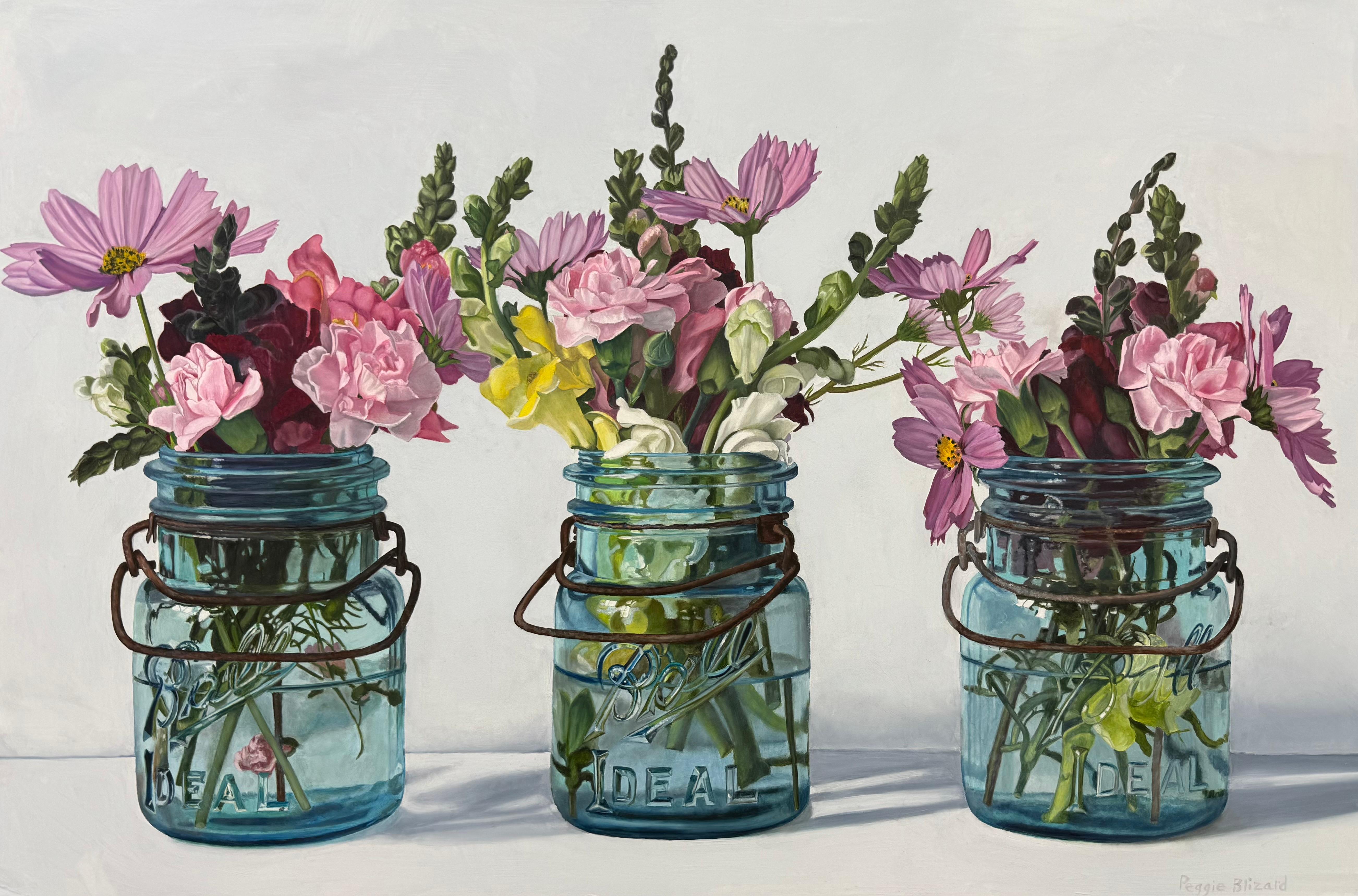 Peggie Blizard Still-Life Painting – Cosmos and Sweet Peas in Jar