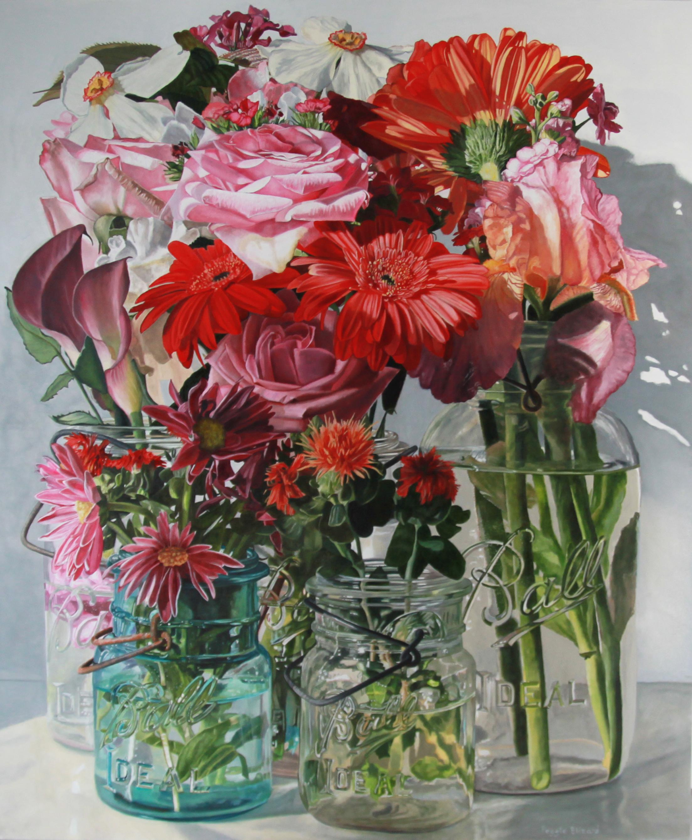 Peggie Blizard Still-Life Painting - Five Ball Jars with Flowers