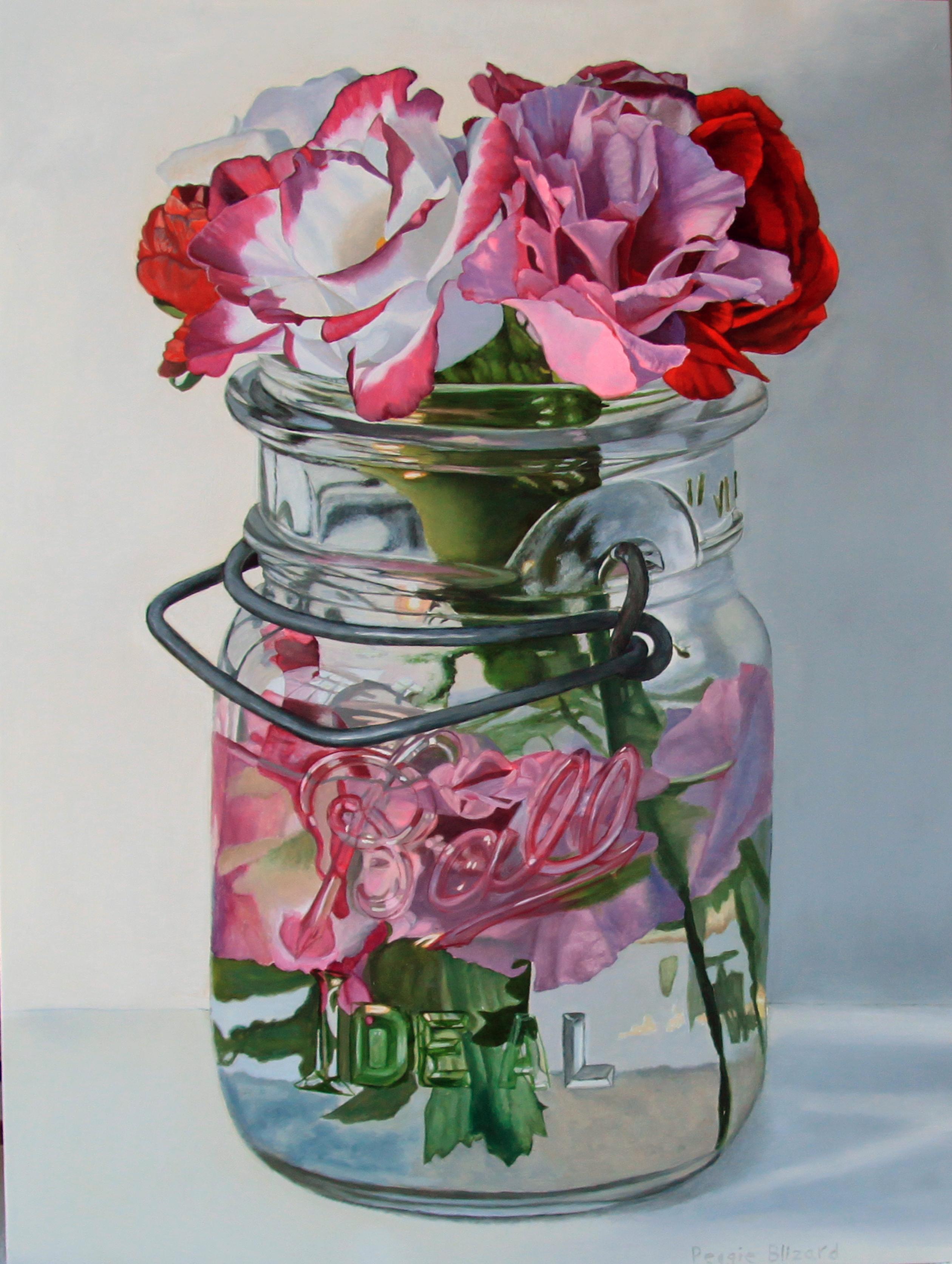 Lisianthus in a Clear Jar - Painting by Peggie Blizard