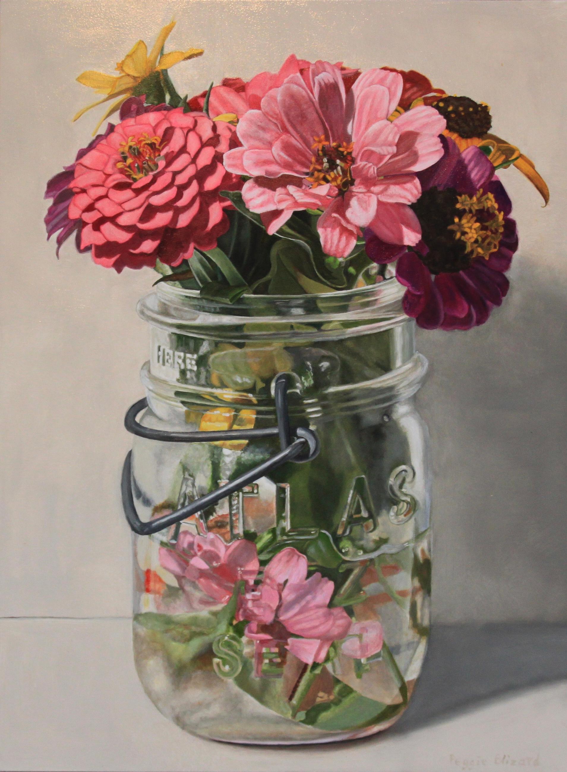 Zinnias rosas en un sello Atlas EZ - Painting de Peggie Blizard