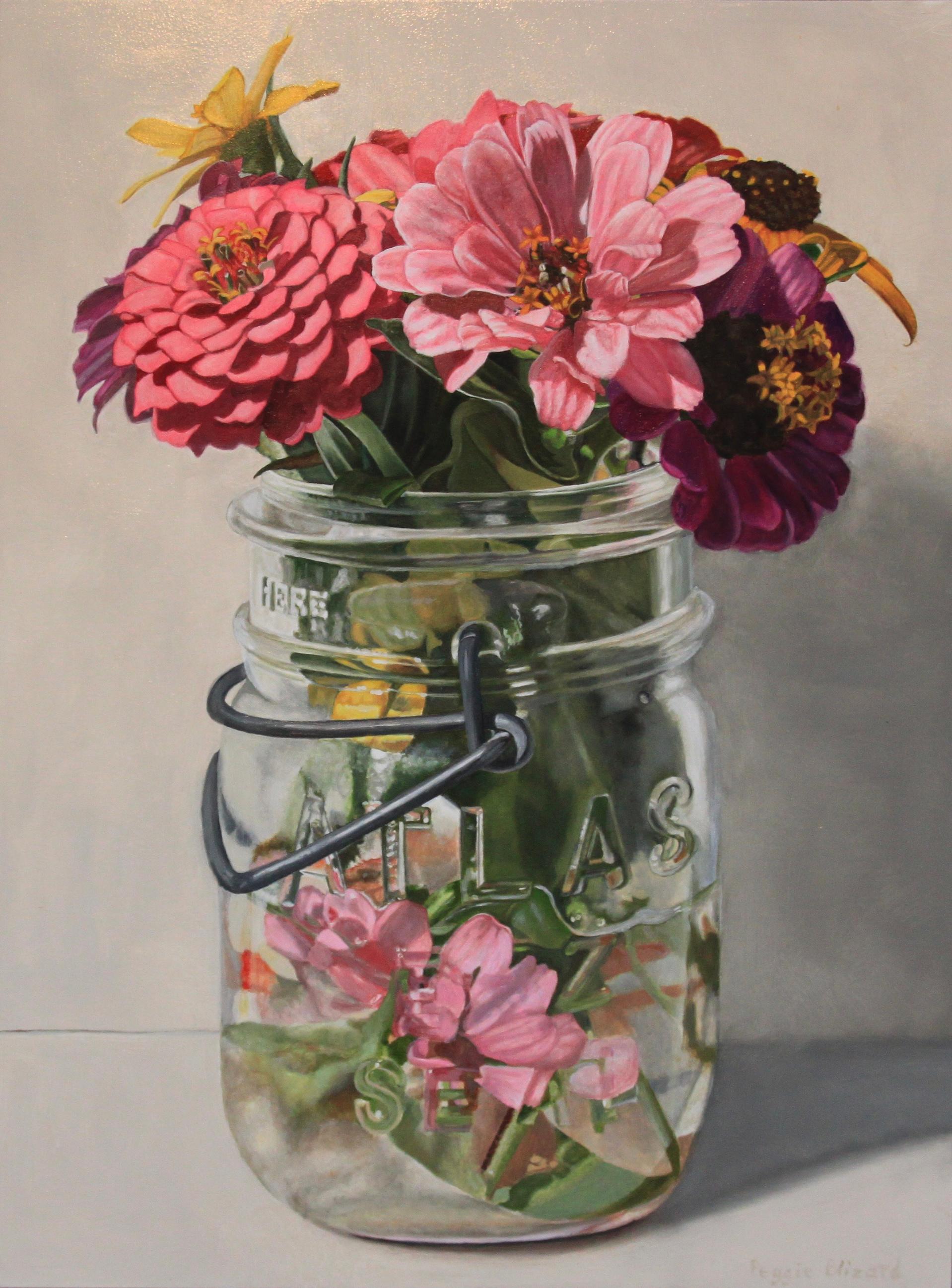 Still-Life Painting de Peggie Blizard - Zinnias rosas en un sello Atlas EZ