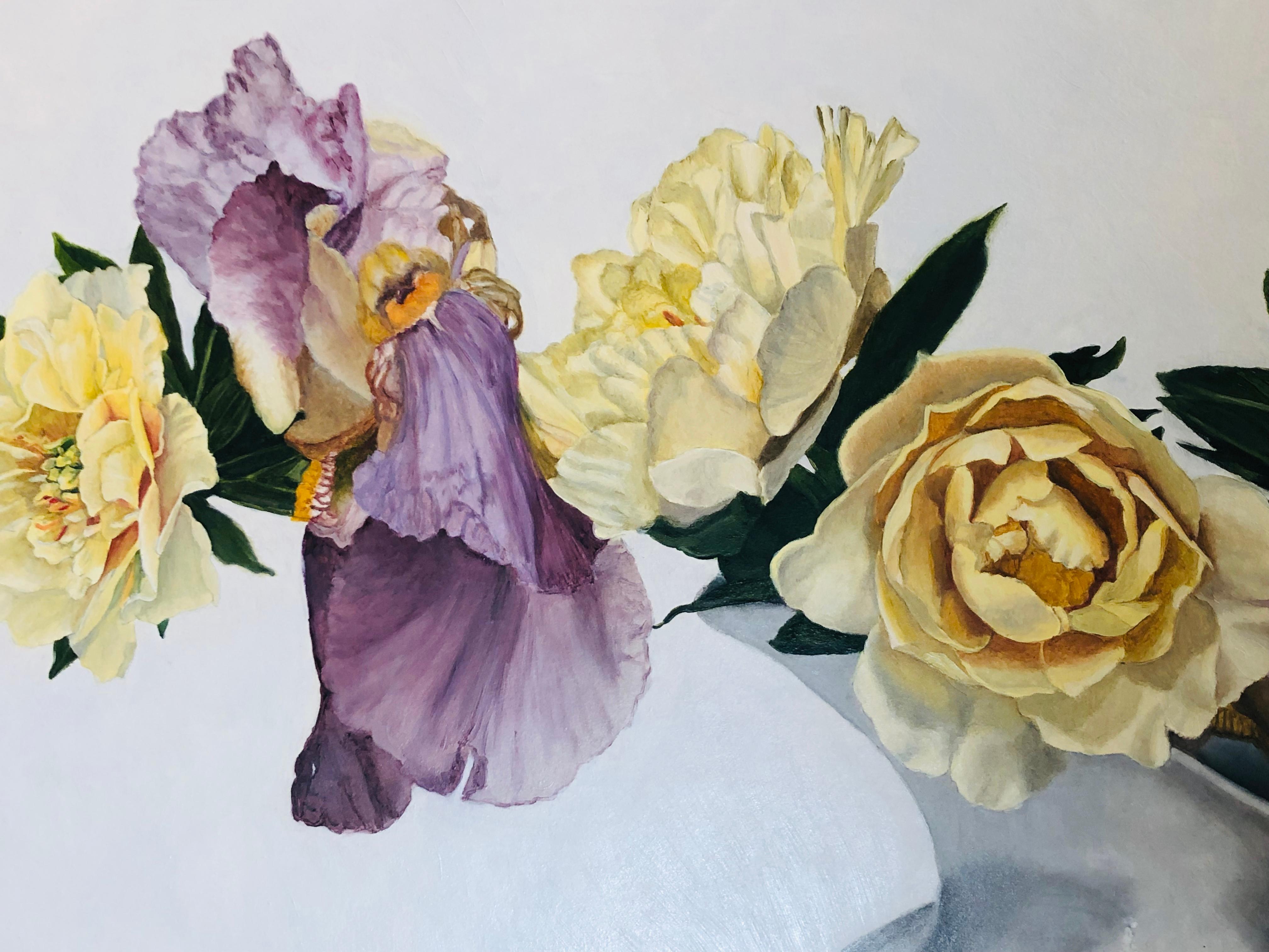 Yellow Peonies Still Life - Gray Still-Life Painting by Peggie Blizard