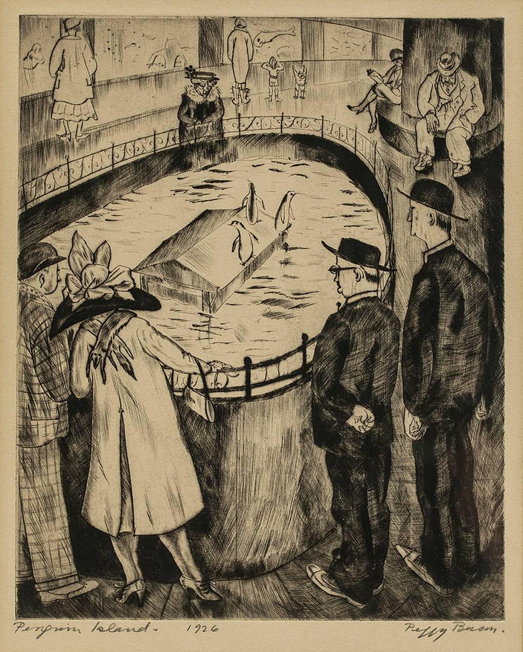 Peggy Bacon Figurative Print - Drypoint Etching "Penguin Island" 1926