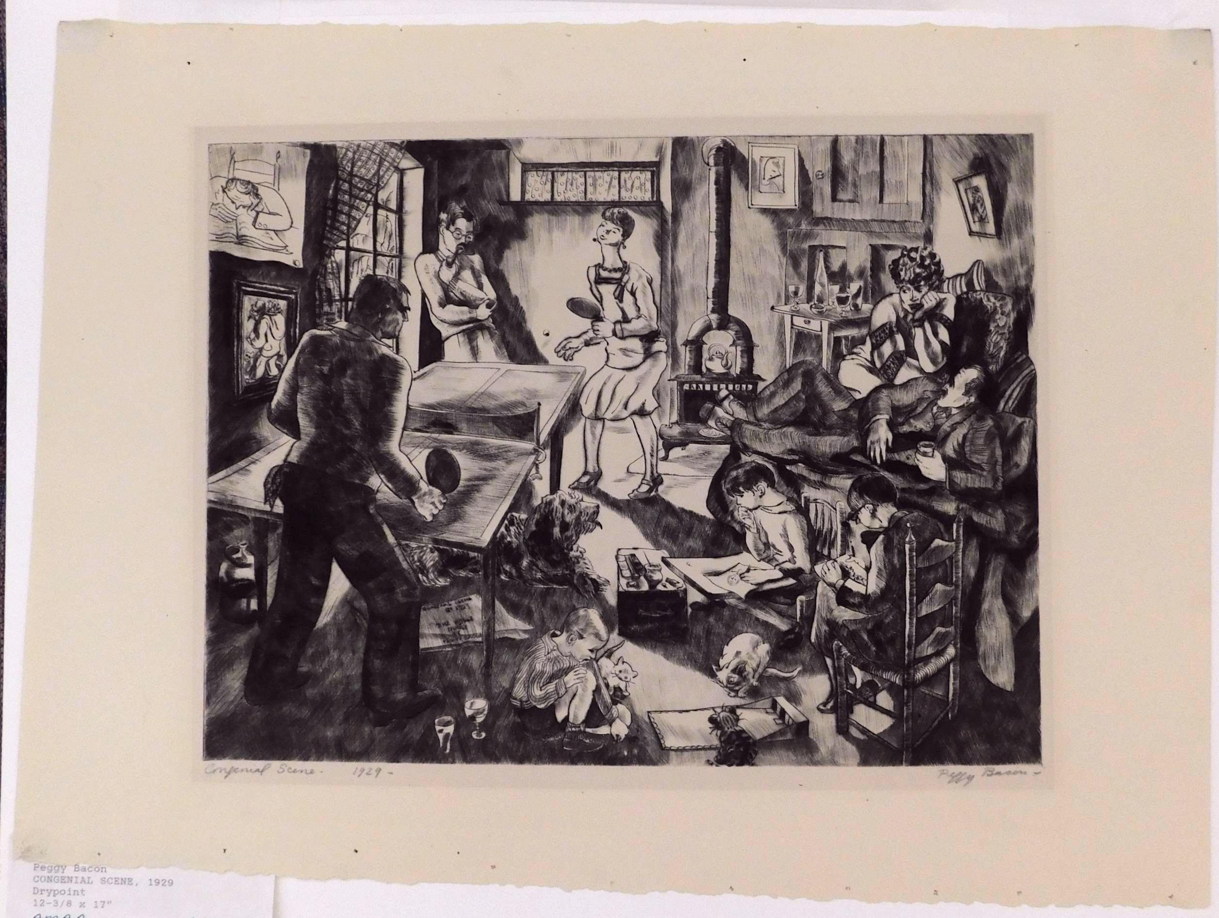 Peggy Bacon Pencil Signed Etching, 1929 - Congenial Scene For Sale 1