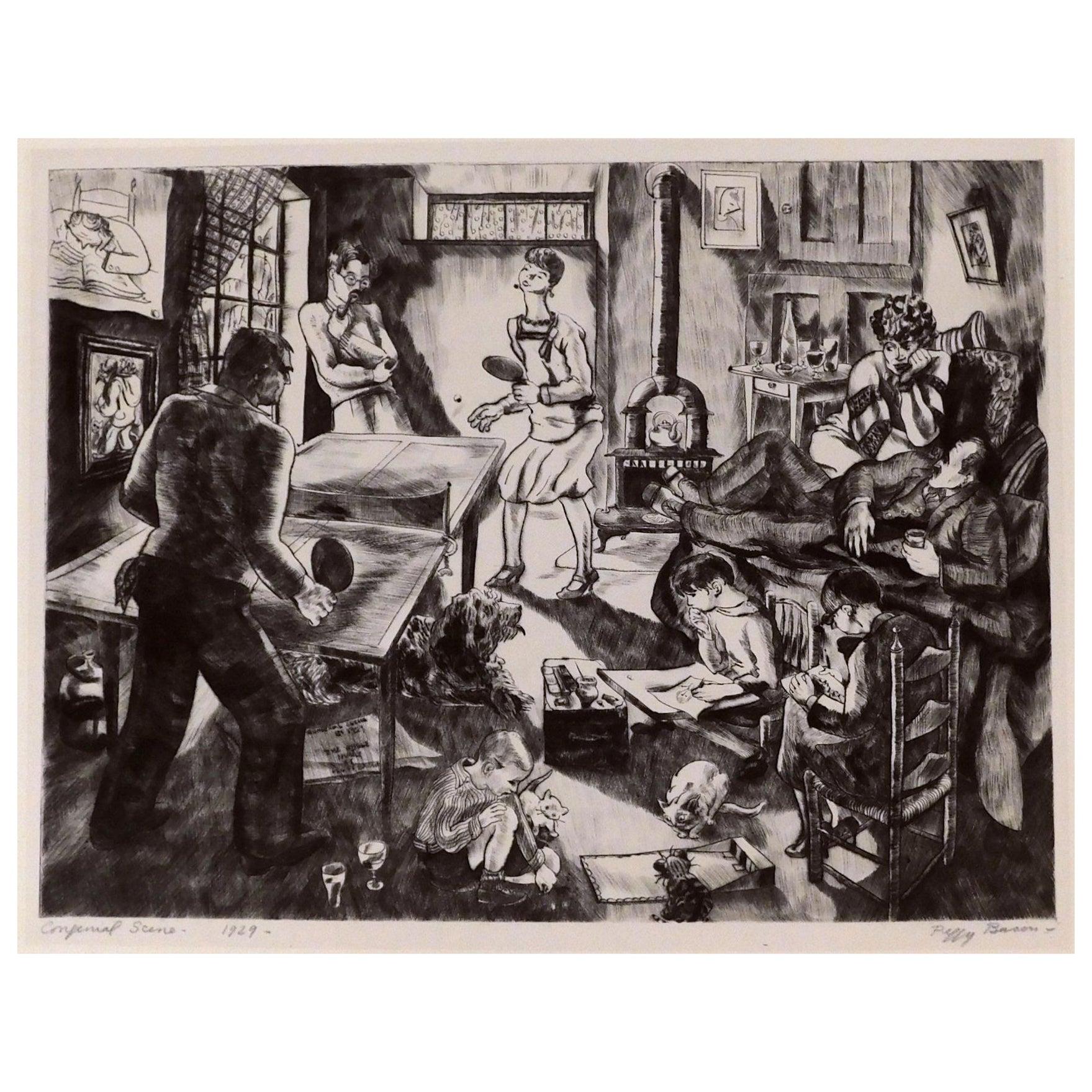 Peggy Bacon original etching and drypoint created 1929. Pencil signed lower right.
Titled “Congenial Scene.” Image measures 9"h x 11 7/8"w. In excellent condition.
Matted and unframed. Paper size: 12 3/8"h x 17"w. Mat measures 14"h x 18"w. 
In my