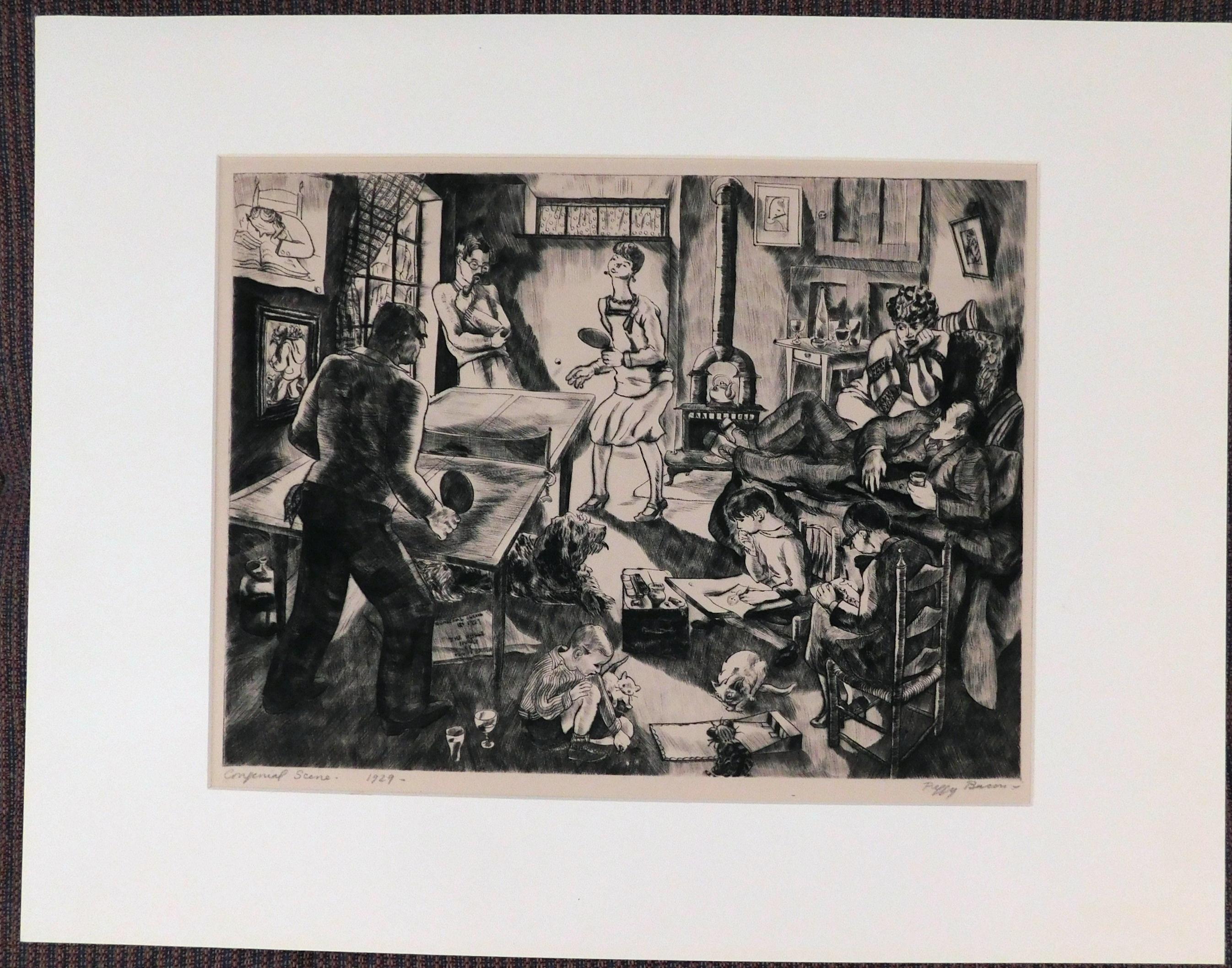 Peggy Bacon Pencil Signed Etching, 1929 - Congenial Scene For Sale 2