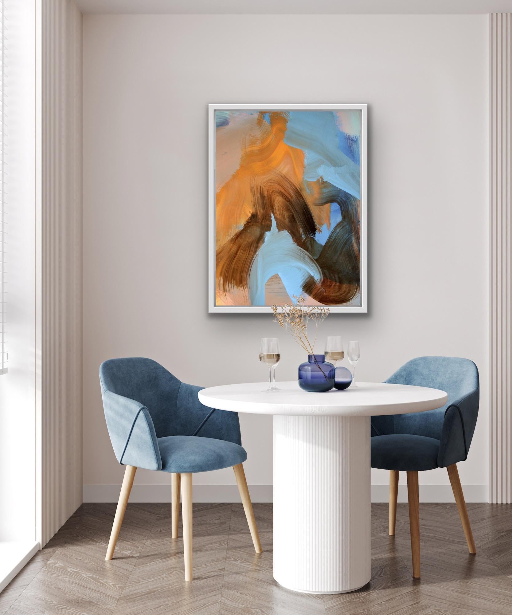 Almanacco, quadro astratto originale, opera d'arte contemporanea neutra blu e rosa - Painting di Peggy Cozzi