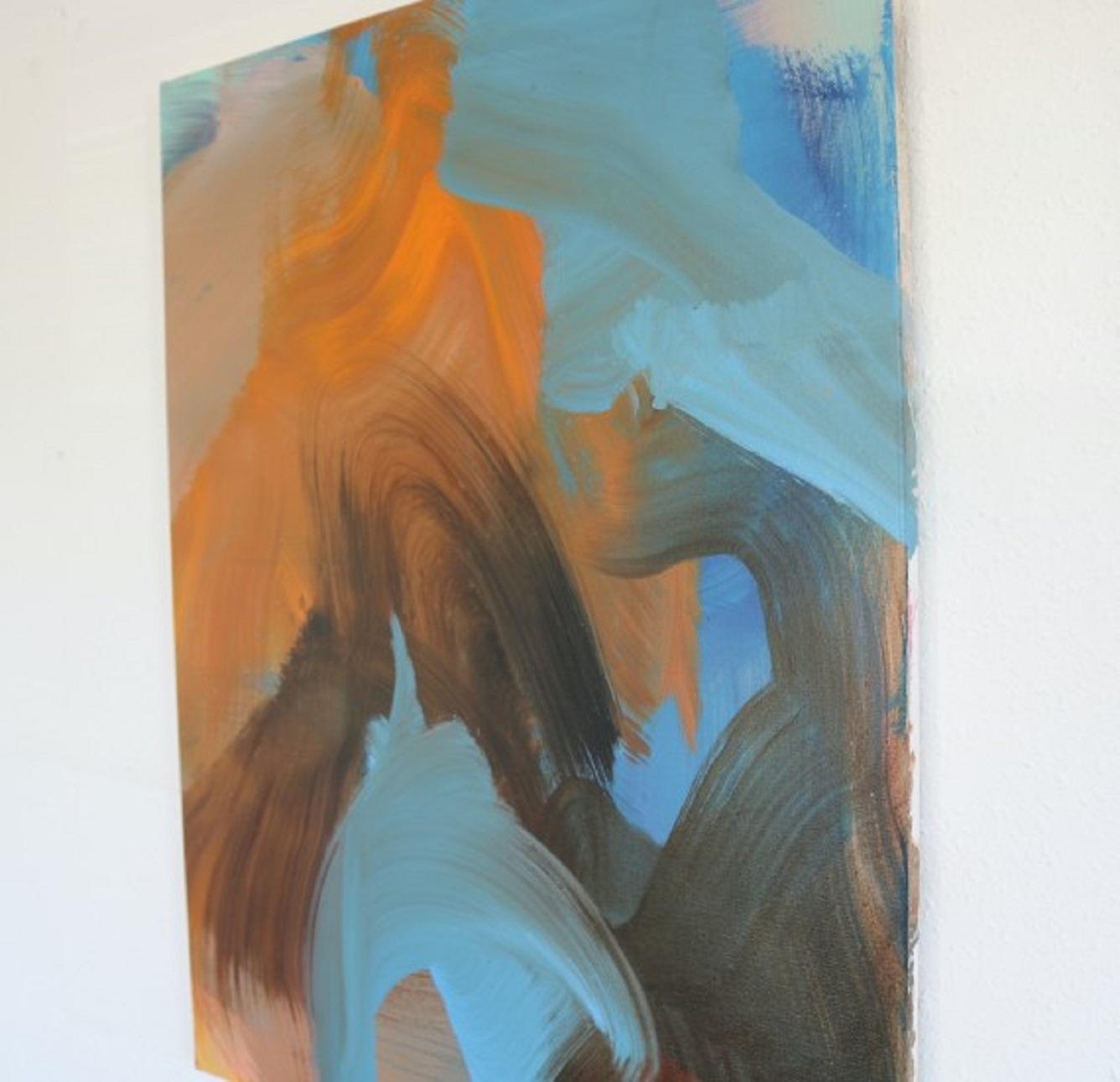 Almanacco, quadro astratto originale, opera d'arte contemporanea neutra blu e rosa - Abstract Painting Marrone di Peggy Cozzi