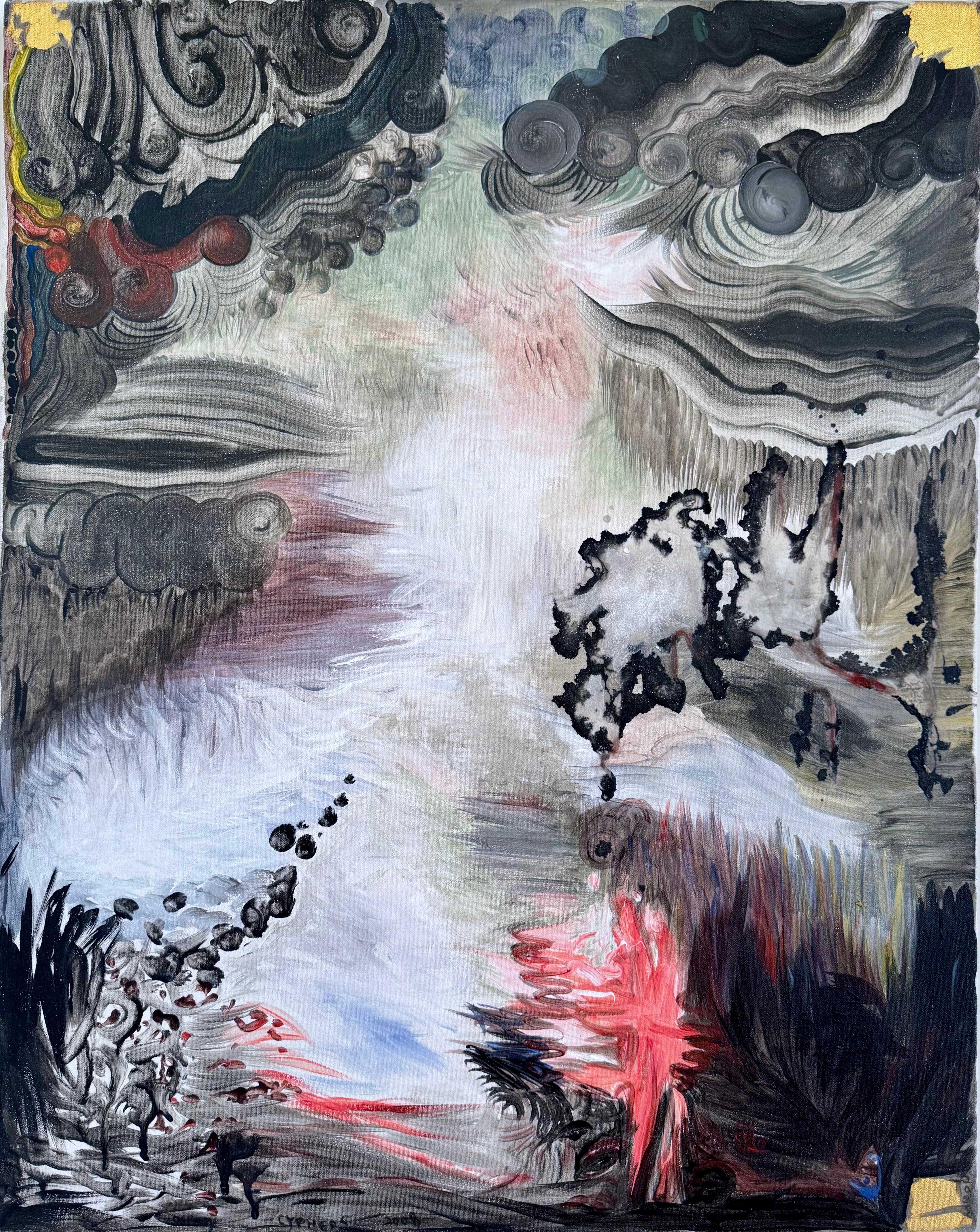 Peggy Cyphers Landscape Painting – "Ochsenfroschteich" Abstrakte Landschaftsmalerei in rot, schwarz, blau, braun, grau