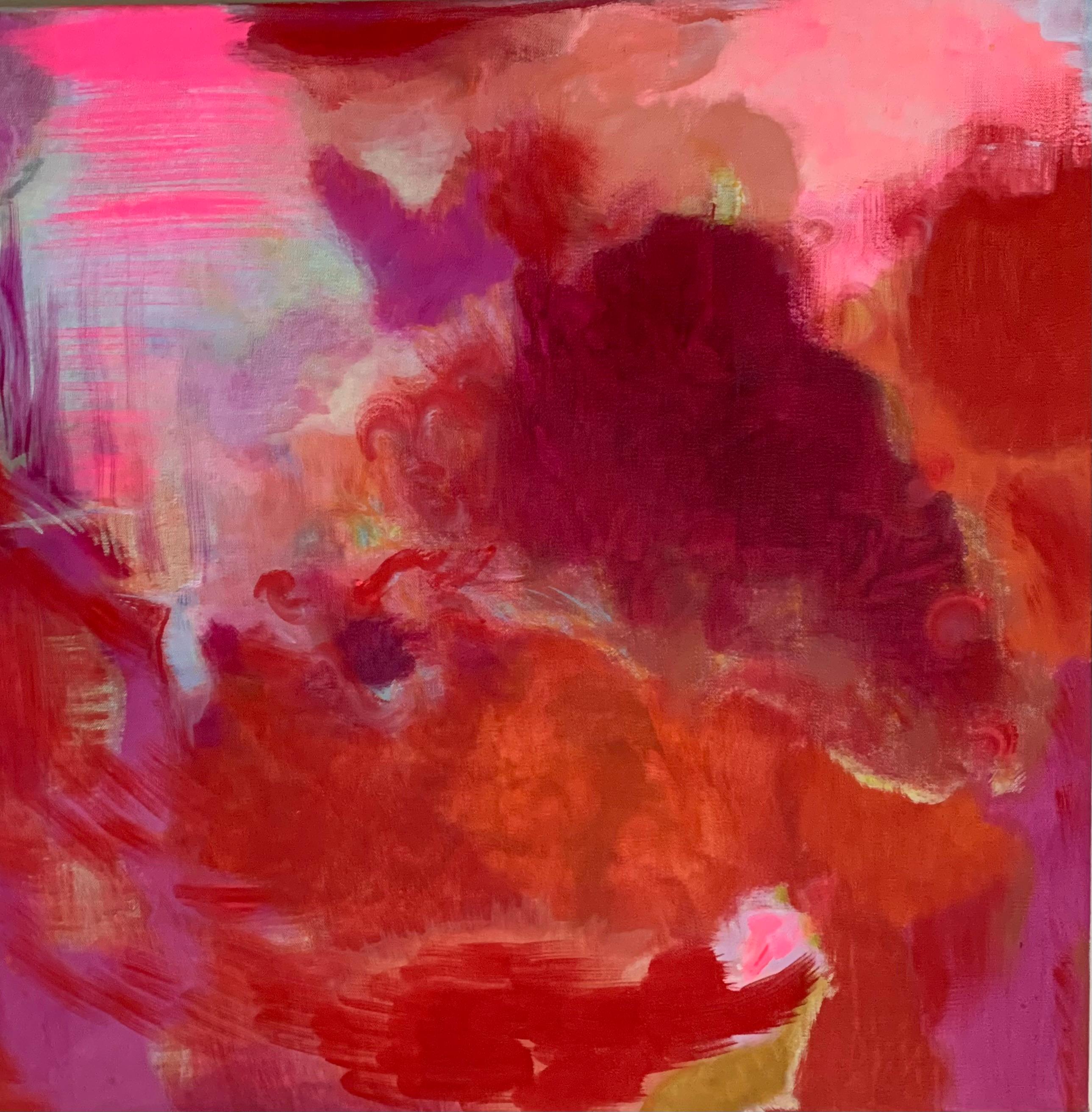 Peggy Cyphers Abstract Painting - "Love Cats" Abstract Ethereal Painting in Red, Pink and Crimson tones
