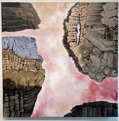 "Passage de la rose" peinture abstraite de paysage en rose, brun sépia, bleu, gris.