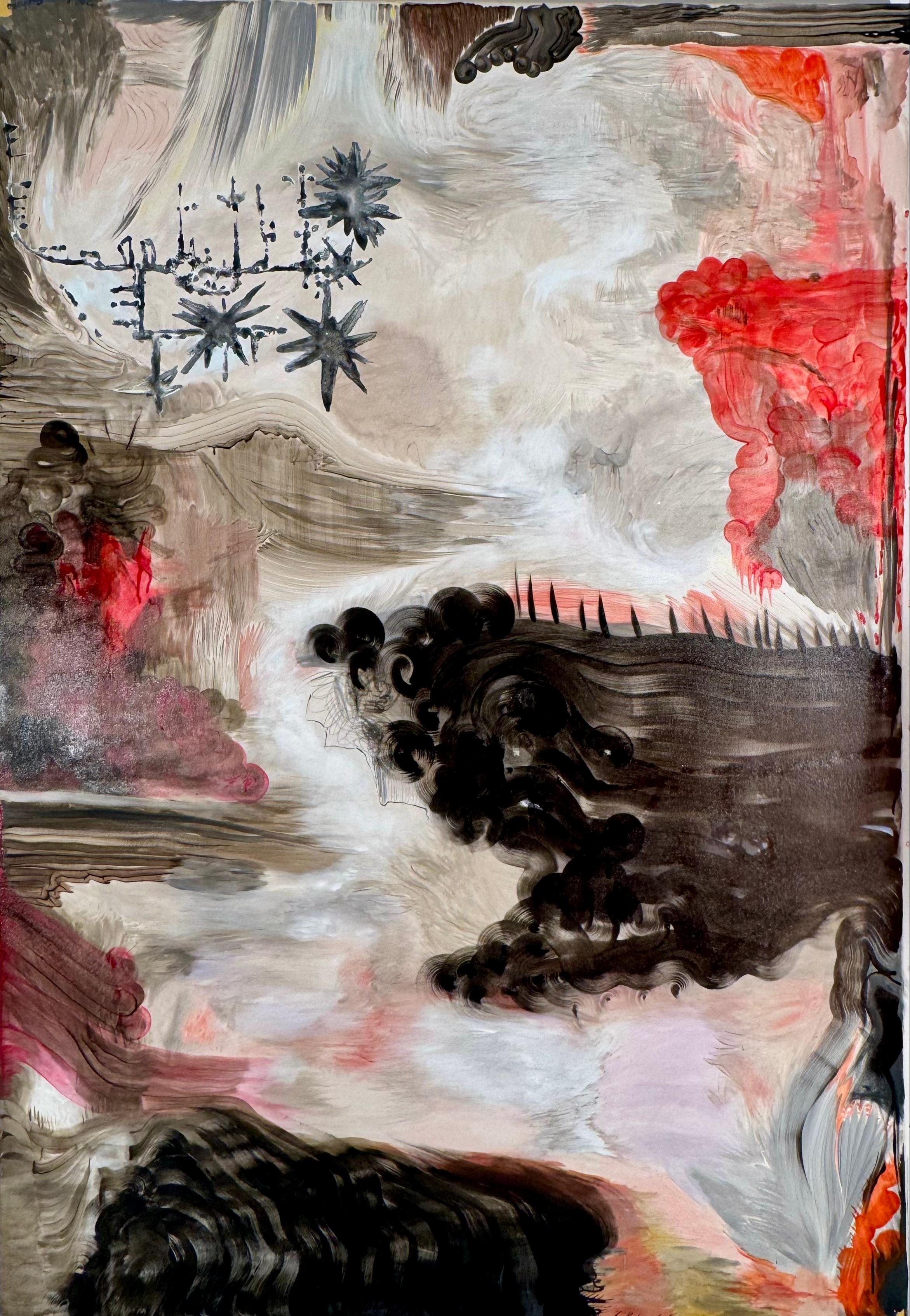 "Passaggio sotterraneo" Pittura astratta di paesaggio in rosso, grigio, nero, bianco