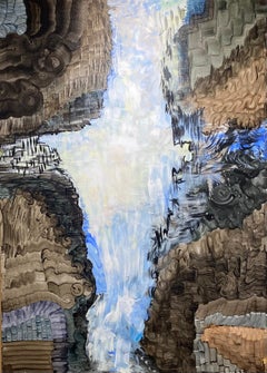 "Waterfall Cove" Quadro di paesaggio astratto di grandi dimensioni in blu, marrone e grigio