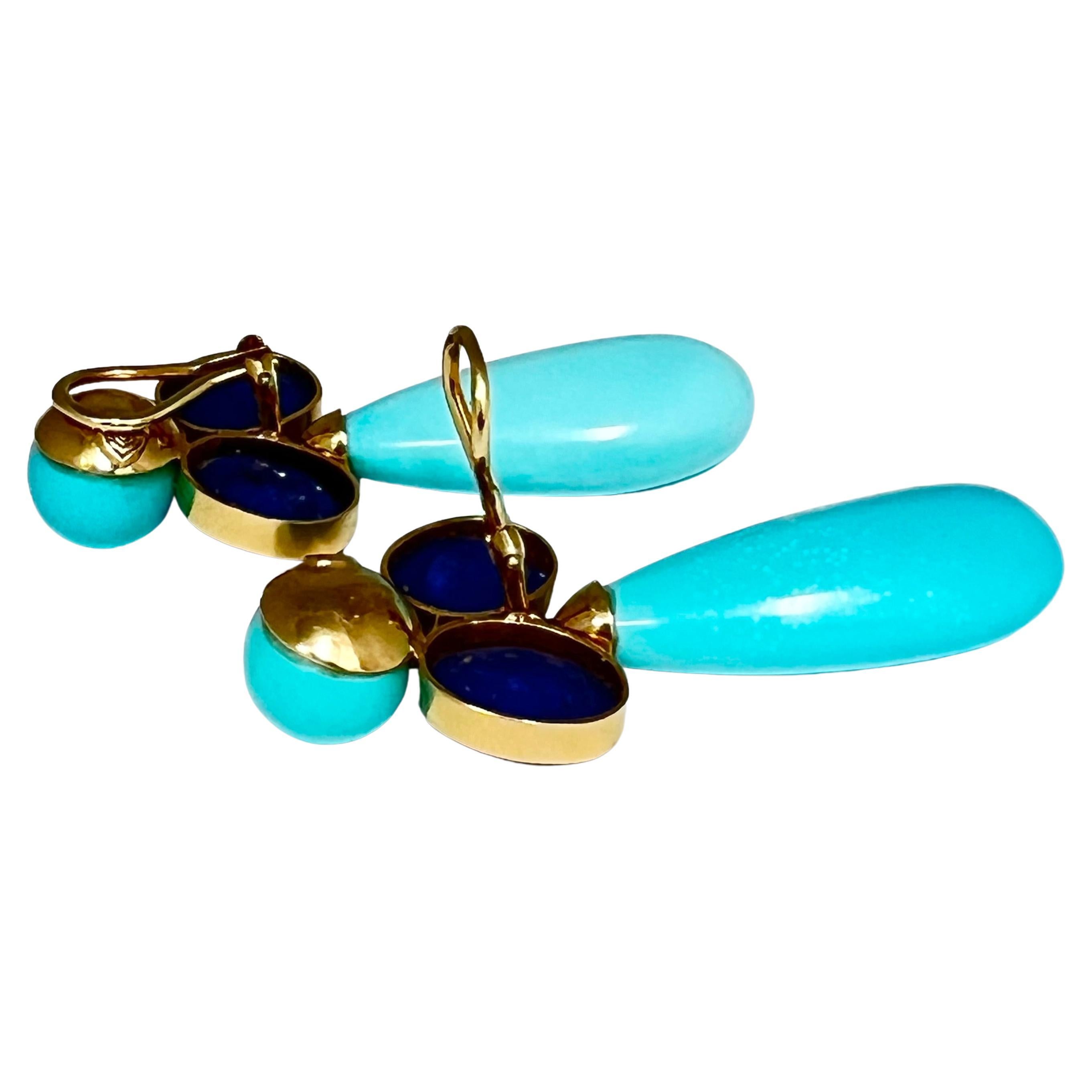 Cabochon Orecchini a goccia Peggy Guinness in oro giallo 18k con turchese e tanzanite in vendita