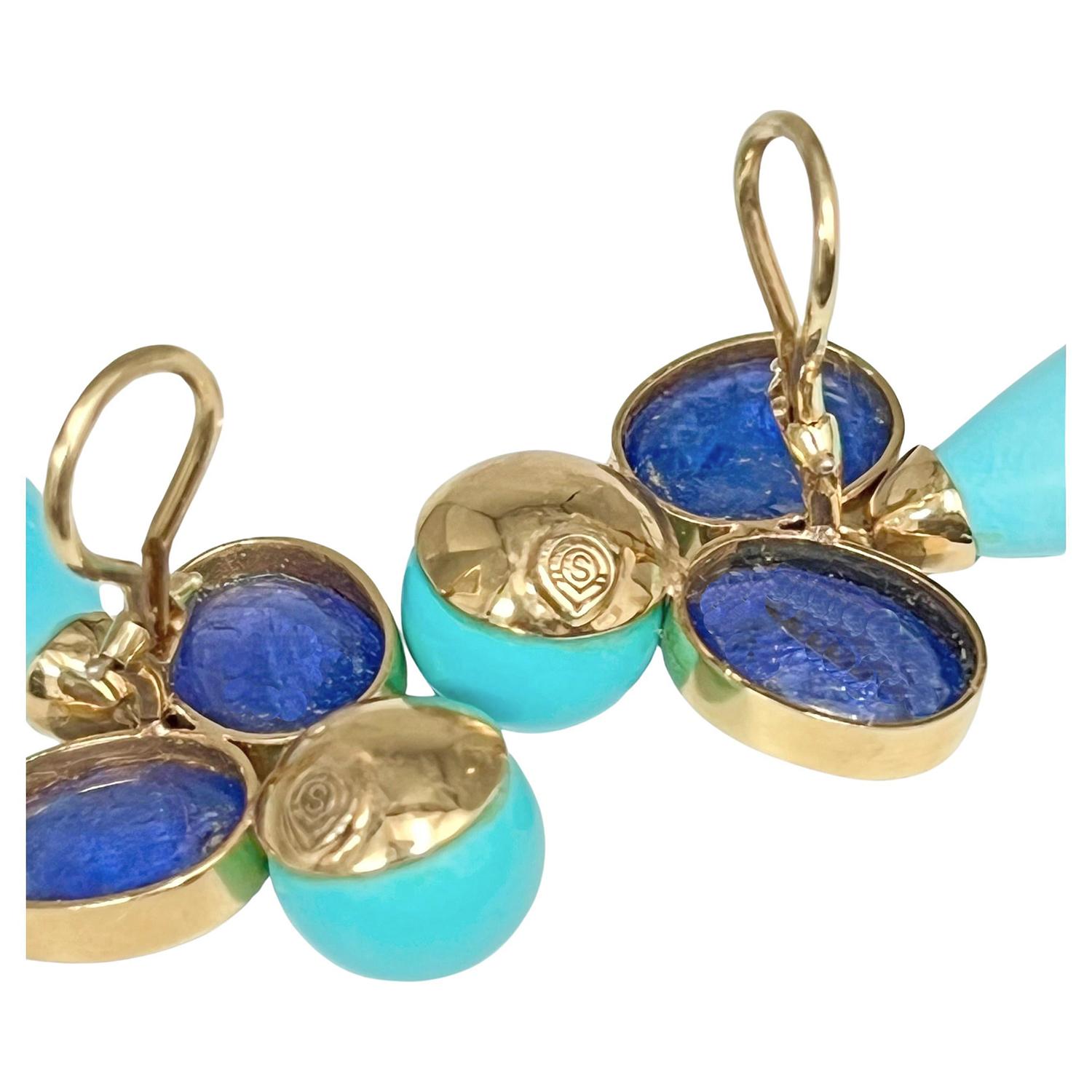 Pendientes Peggy Guinness de oro amarillo de 18k con turquesa y tanzanita en Excelente estado para la venta en Palm Beach, FL