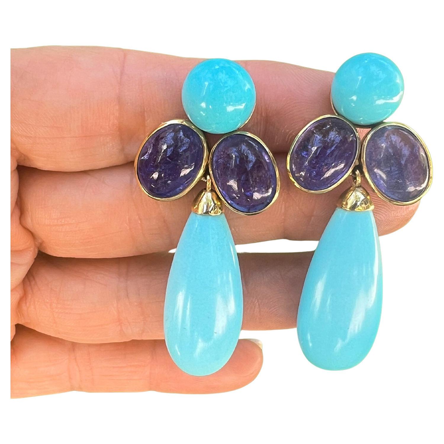 Pendientes Peggy Guinness de oro amarillo de 18k con turquesa y tanzanita Moderno en venta
