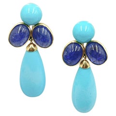 Peggy Guinness, pendants d'oreilles en or jaune 18 carats avec turquoise et tanzanite