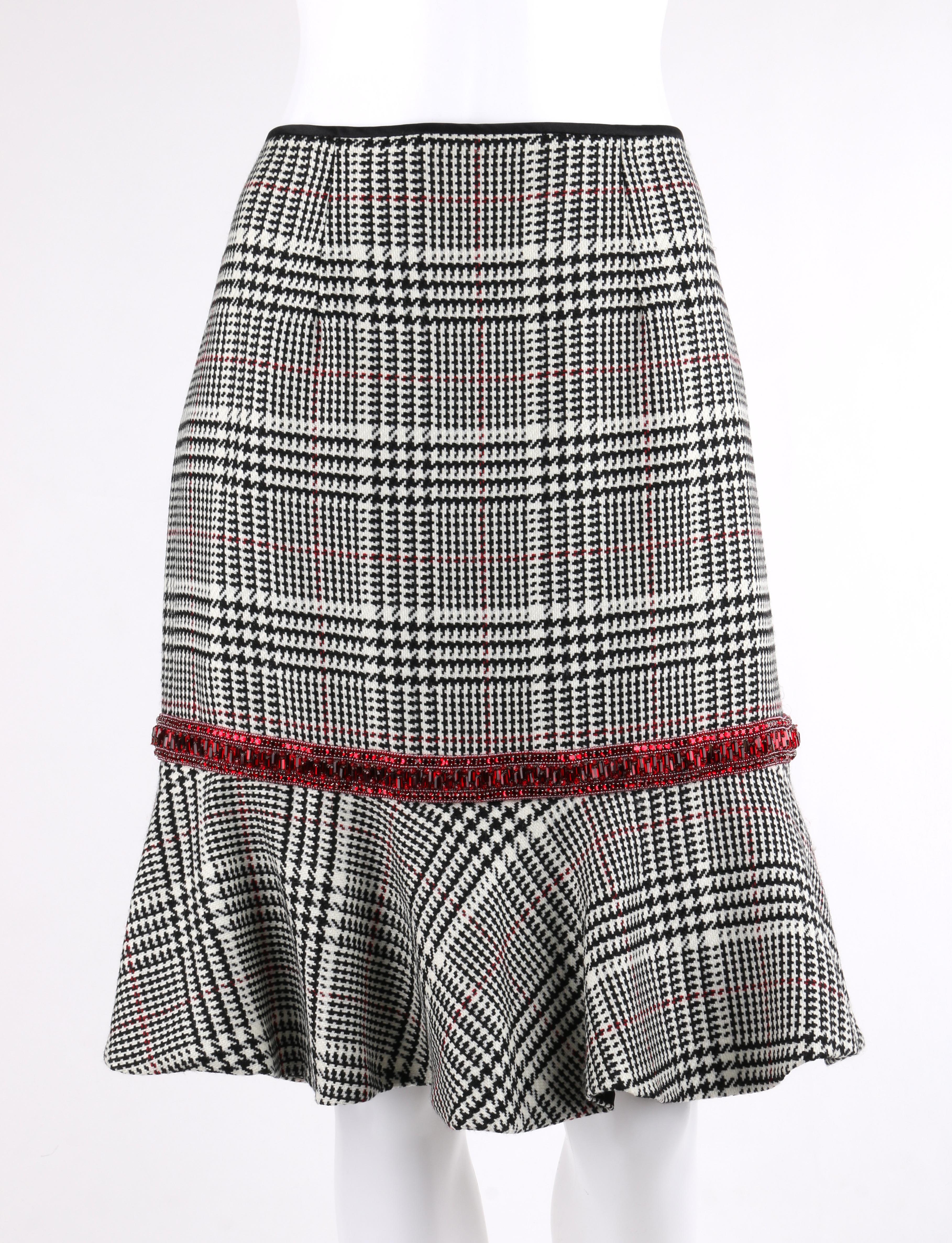 Gray PEGGY JENNINGS Couture Houndstooth Ruby Red Trim Trumpet Skirt Jacket Dress Suit
