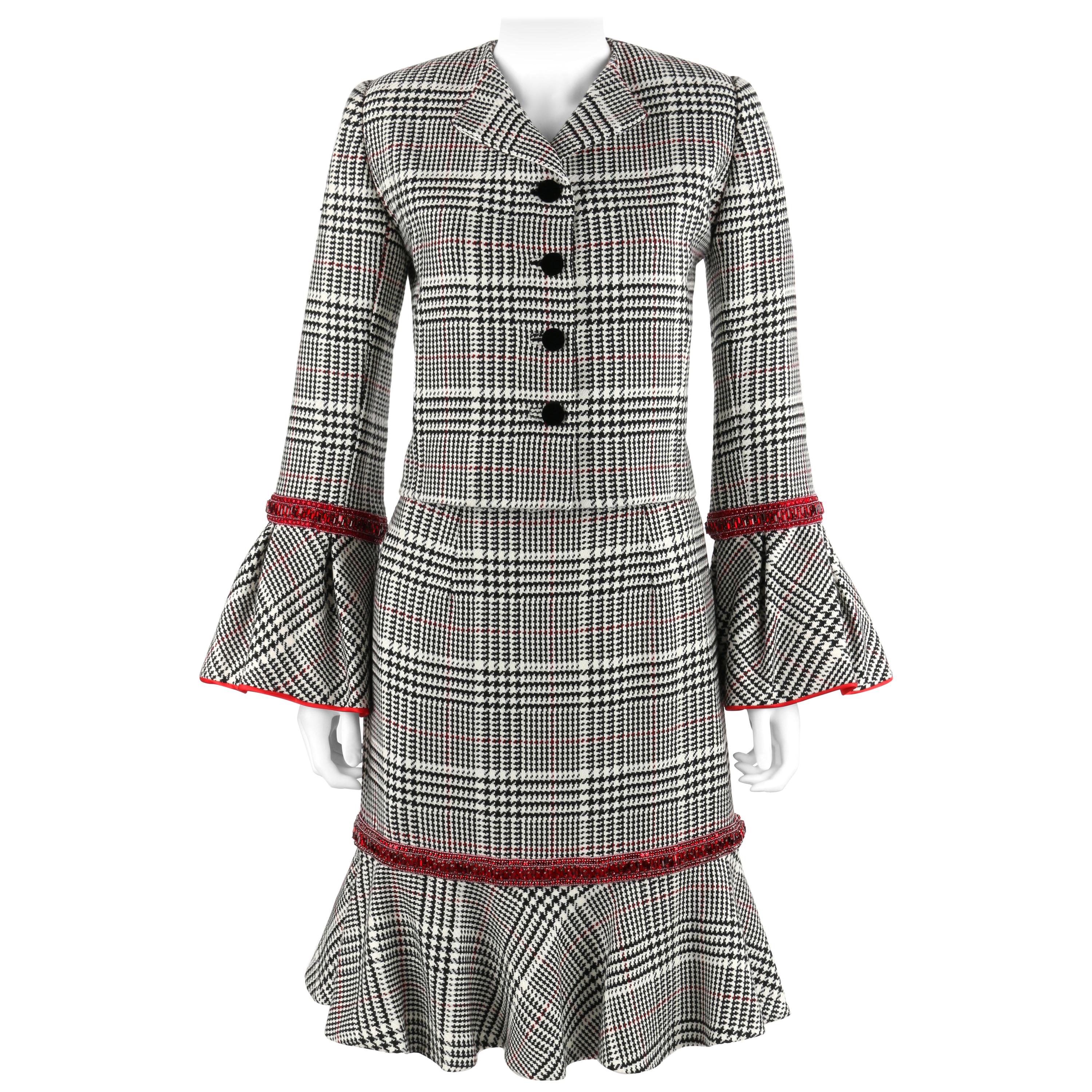 PEGGY JENNINGS Couture Houndstooth Ruby Red Trim Trumpet Skirt Jacket Dress Suit
