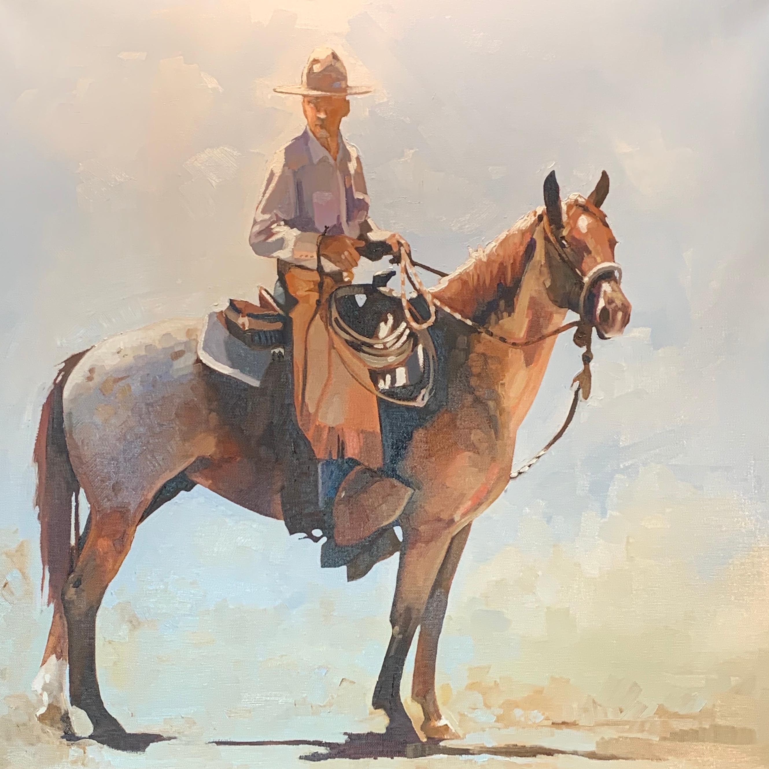 Peggy Judy Animal Painting - Juaquima (cowboy, appaloosa horse, chestnut, dapples, pastels, luminous)