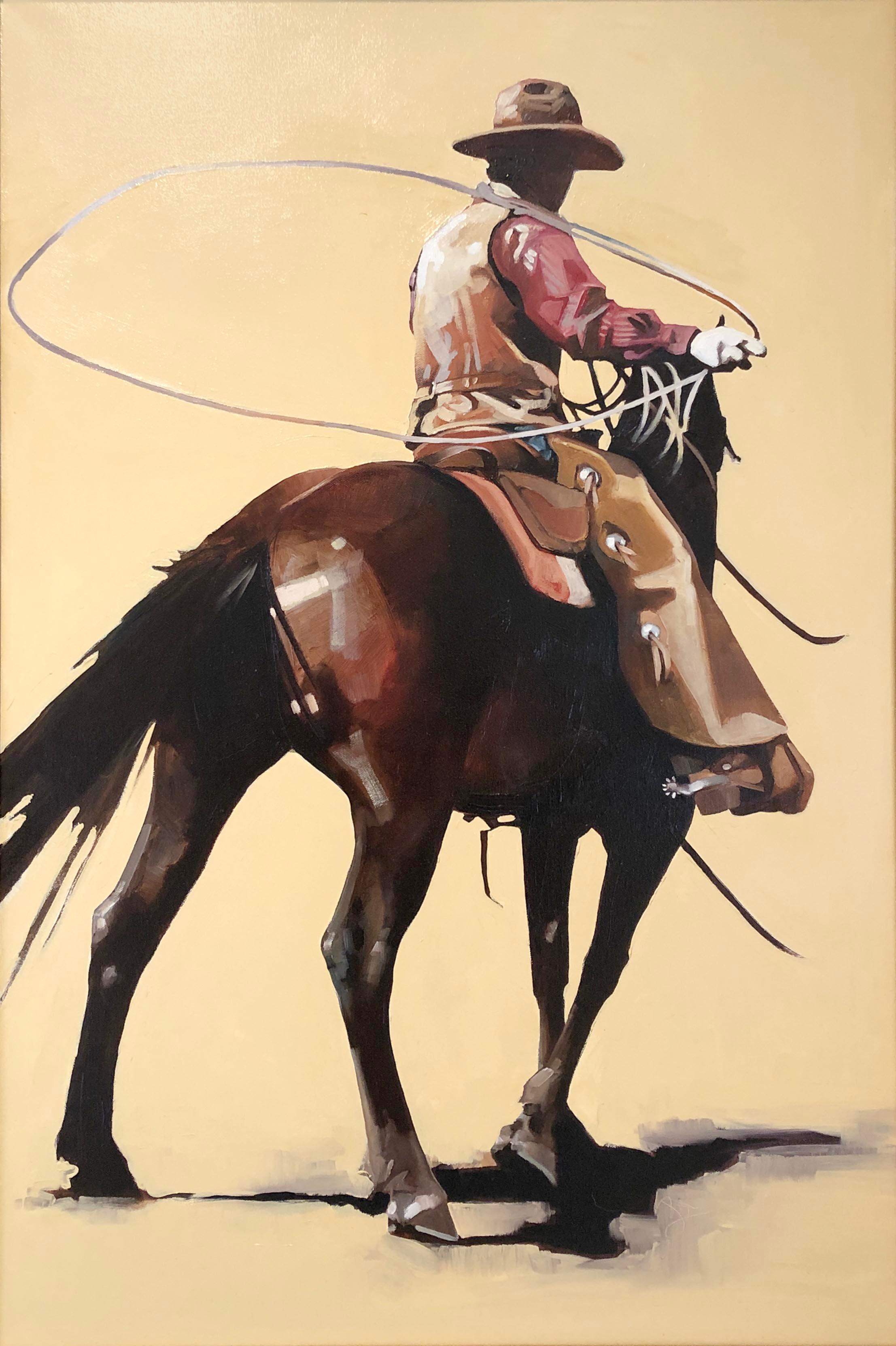 Step and Swing (horse, bay coat, cowboy, western, lasso, full chaps, tan, red) - Painting by Peggy Judy