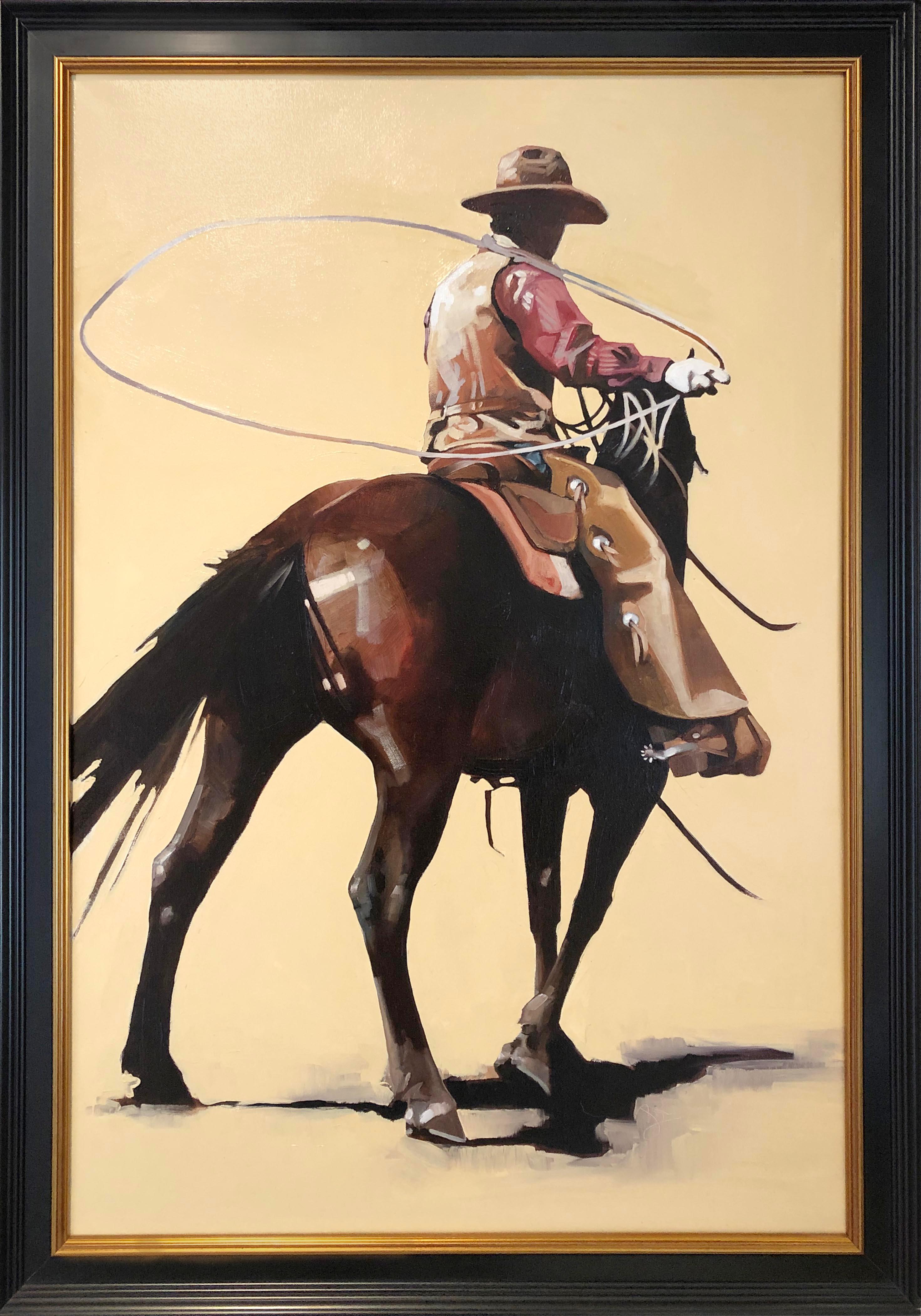 Peggy Judy Animal Painting - Step and Swing (horse, bay coat, cowboy, western, lasso, full chaps, tan, red)