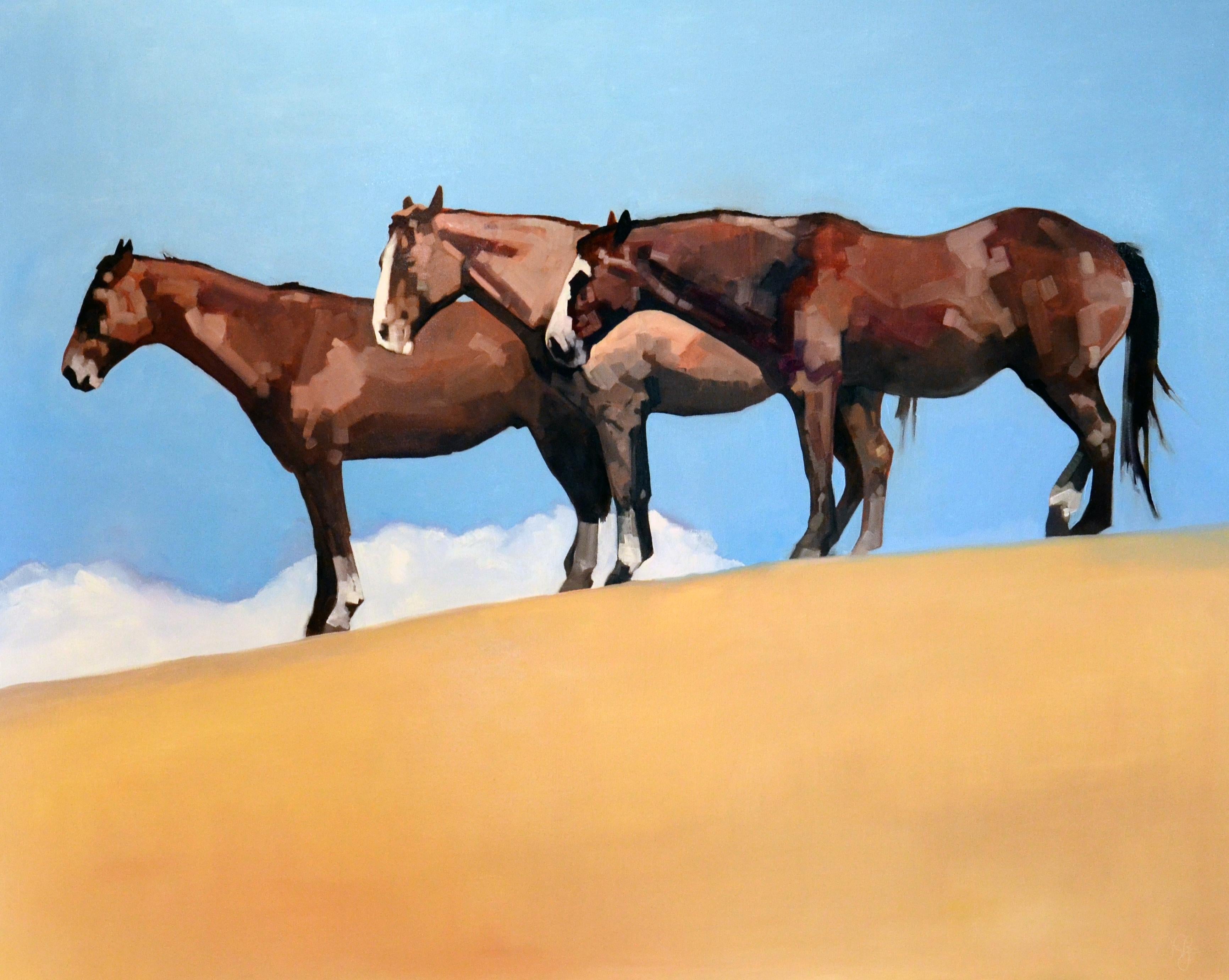 Peggy Judy Animal Painting - Sunbathers (horses, sand, blue sky)