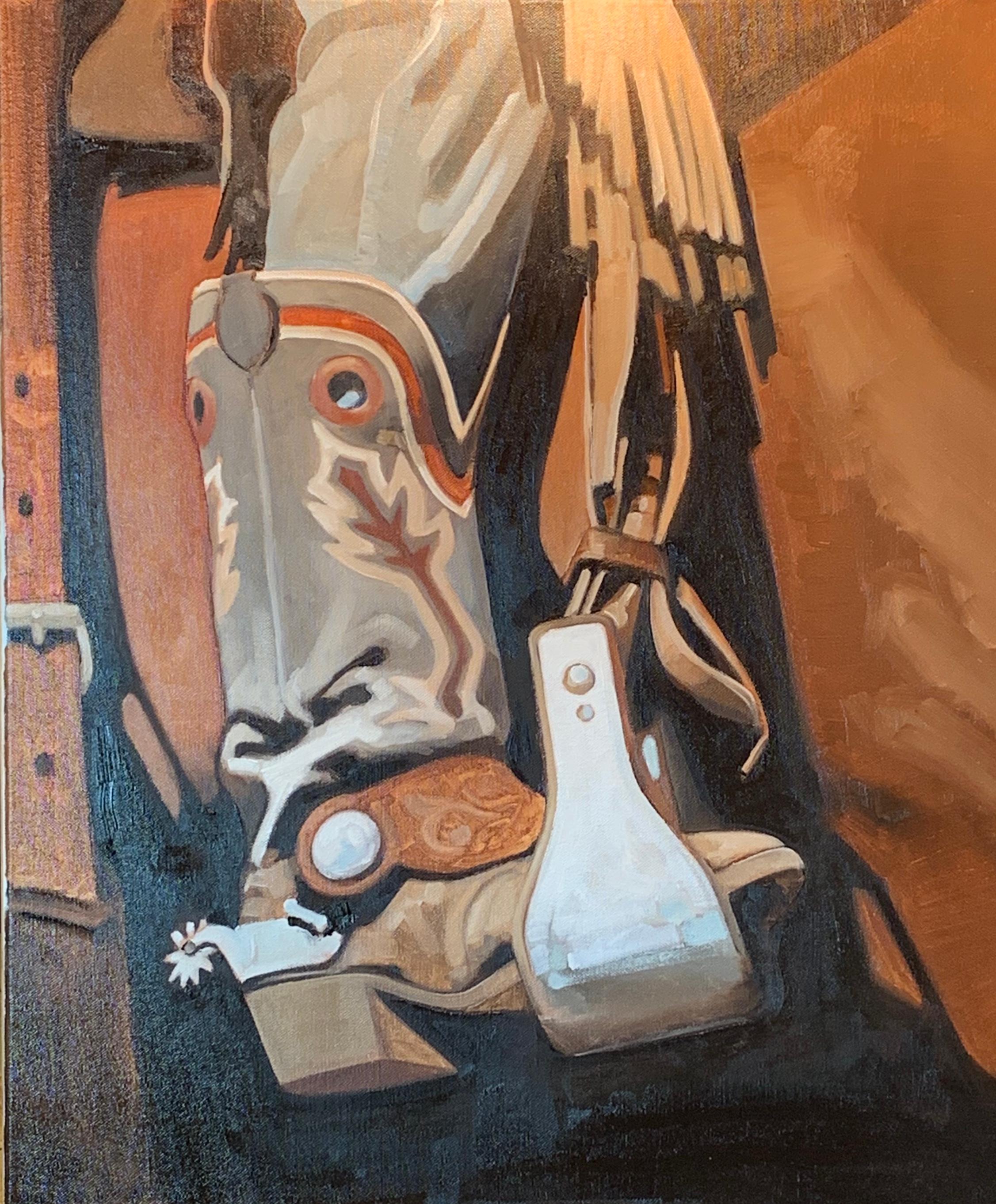 Tools of the Trade (cowboy, decorative cowboy boot, rowelled spur, browns, grey) - Painting by Peggy Judy