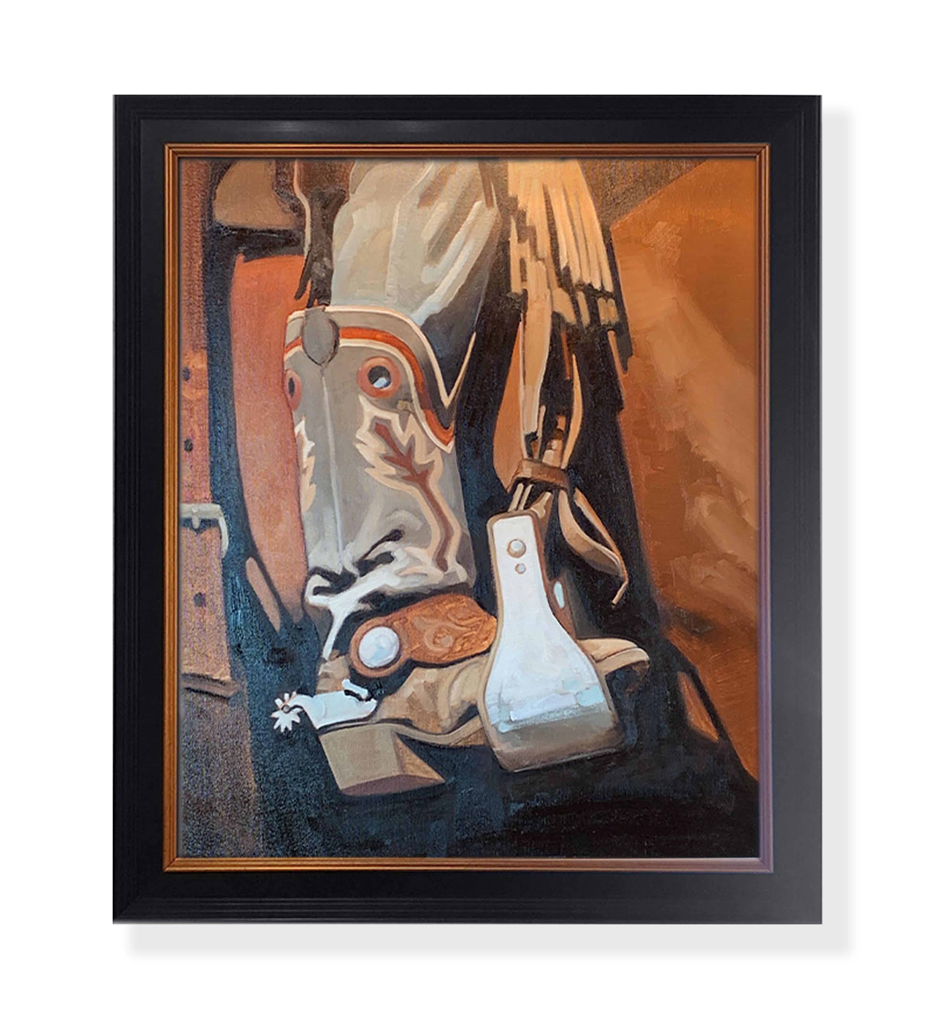 Peggy Judy Animal Painting - Tools of the Trade (cowboy, decorative cowboy boot, rowelled spur, browns, grey)
