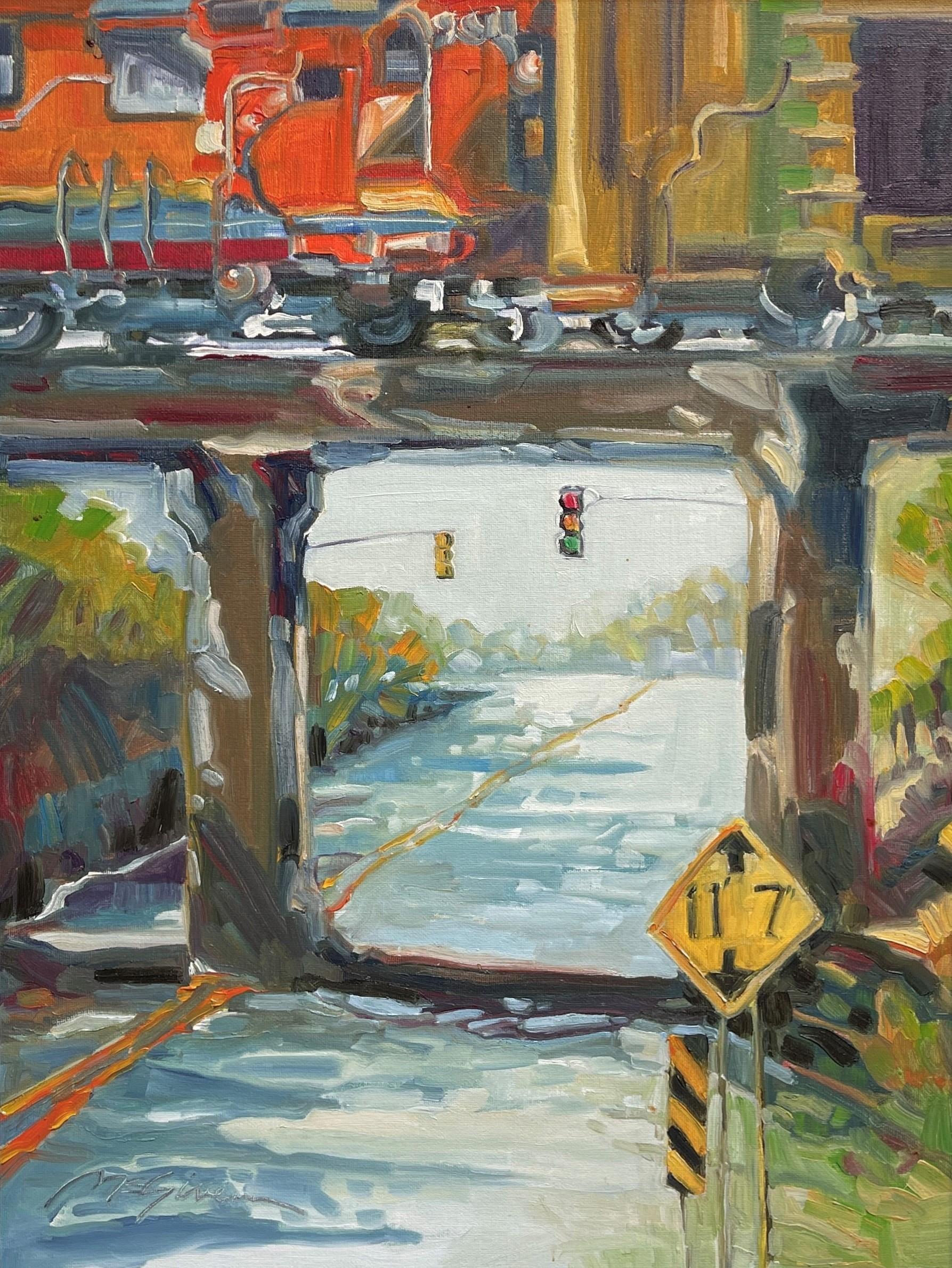 Peggy McGivern Landscape Painting - "Low Clearance" Oil Painting featuring a train