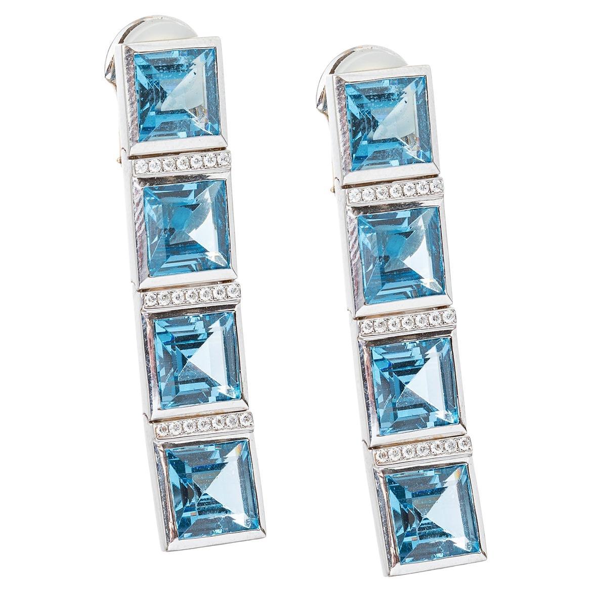 Peggy Stephaich Guinness Blue Topaz Diamond Tile Earrings For Sale