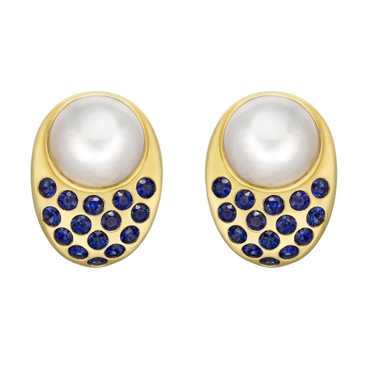Peggy Stephaich Guinness Mabe Pearl and Sapphire "Coco" Earrings For Sale