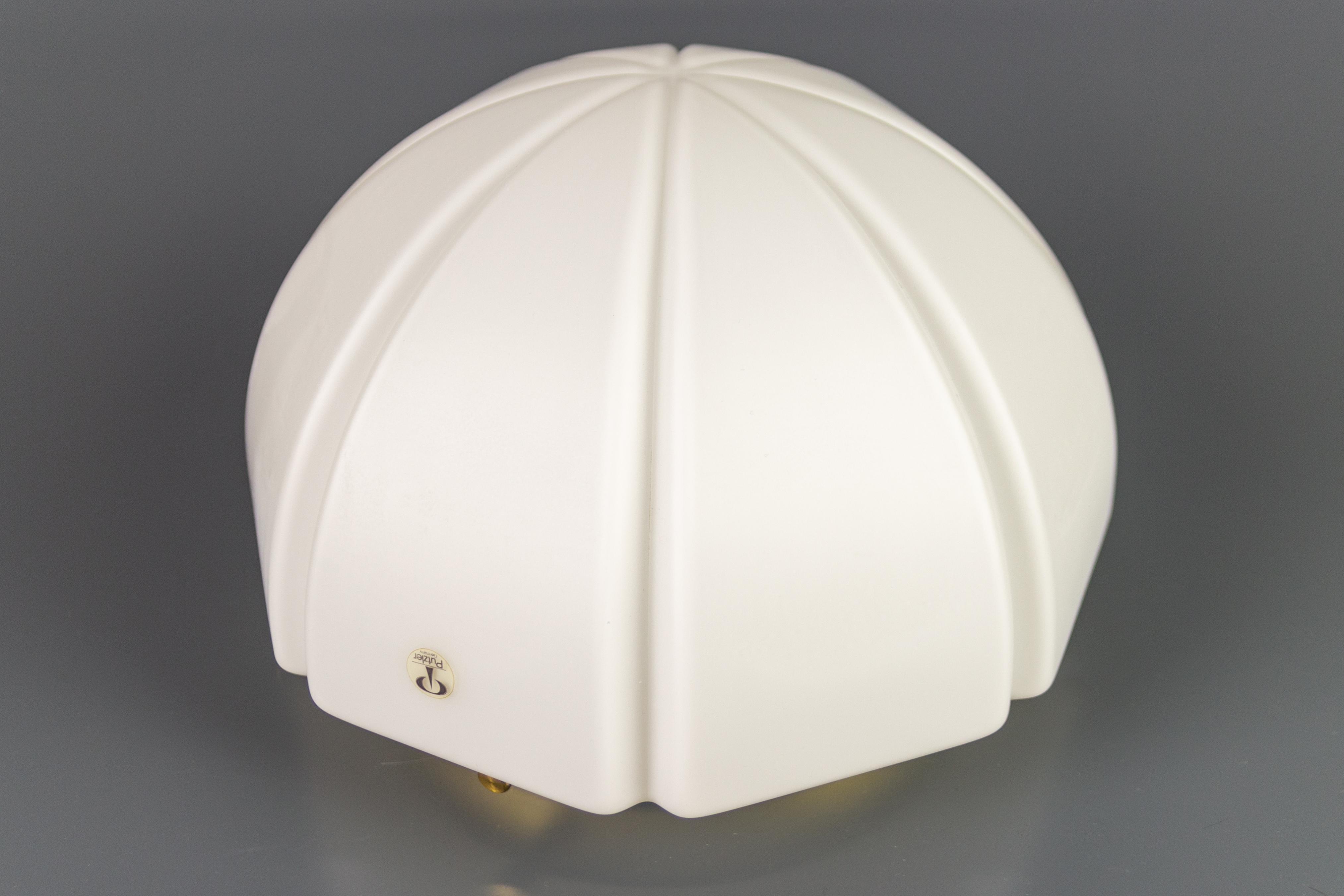 Late 20th Century Peill and Putzler Pearl White Glass and Brass Flush Mount Ceiling Light, 1970s For Sale
