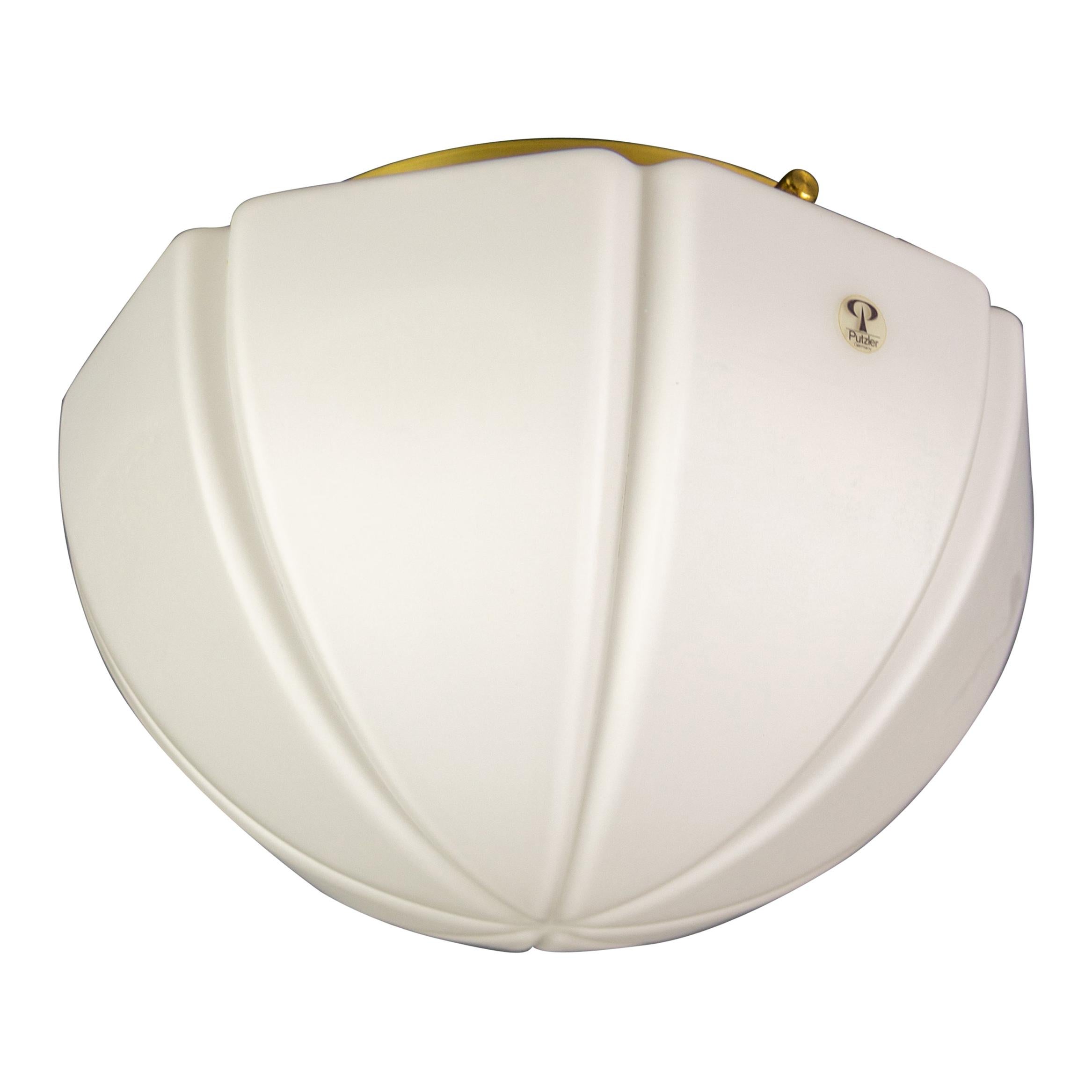 Peill and Putzler Pearl White Glass and Brass Flush Mount Ceiling Light, 1970s For Sale