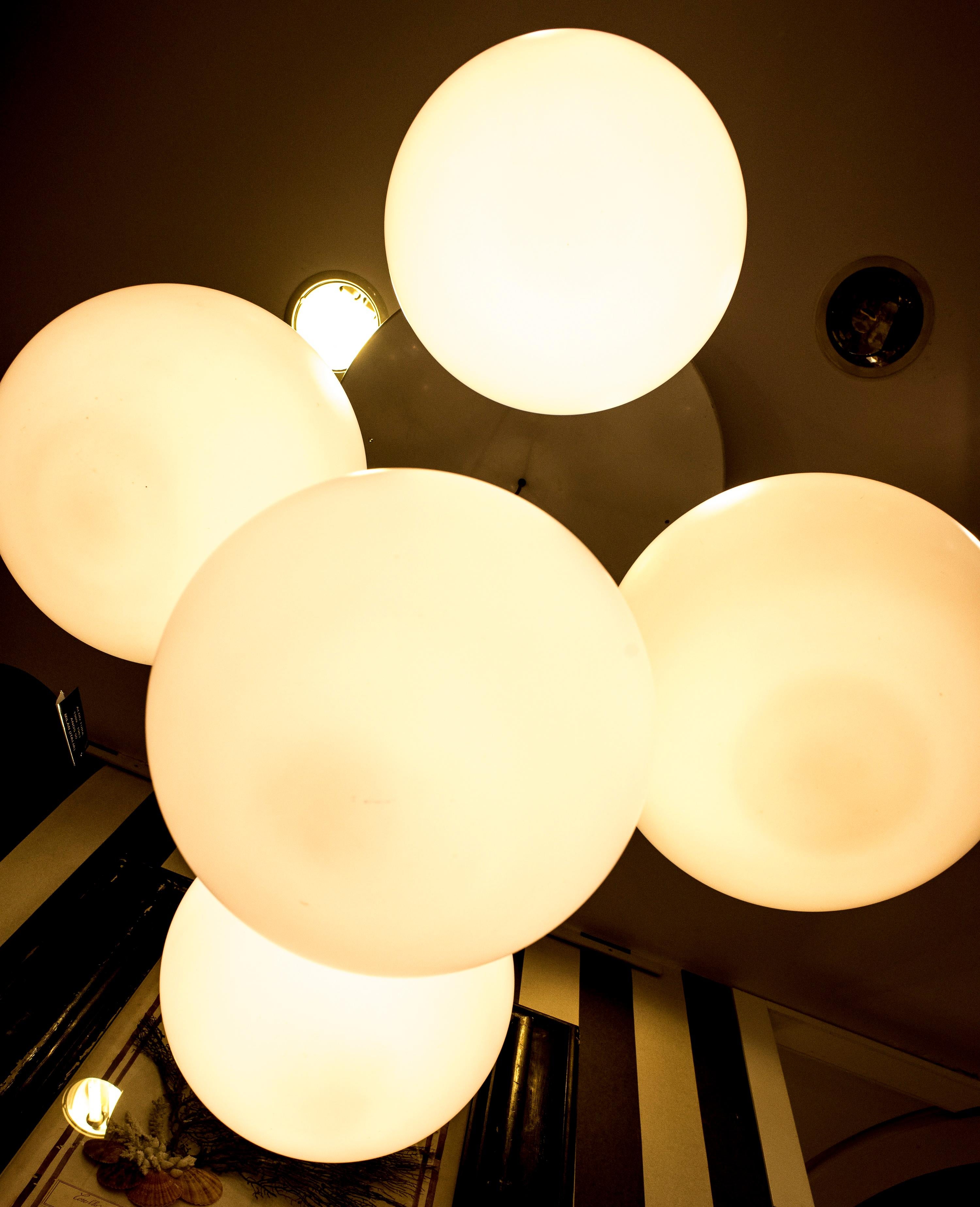 Mid-20th Century Peill & Putzler 1960s White Glass Globes and Steel German Chandelier