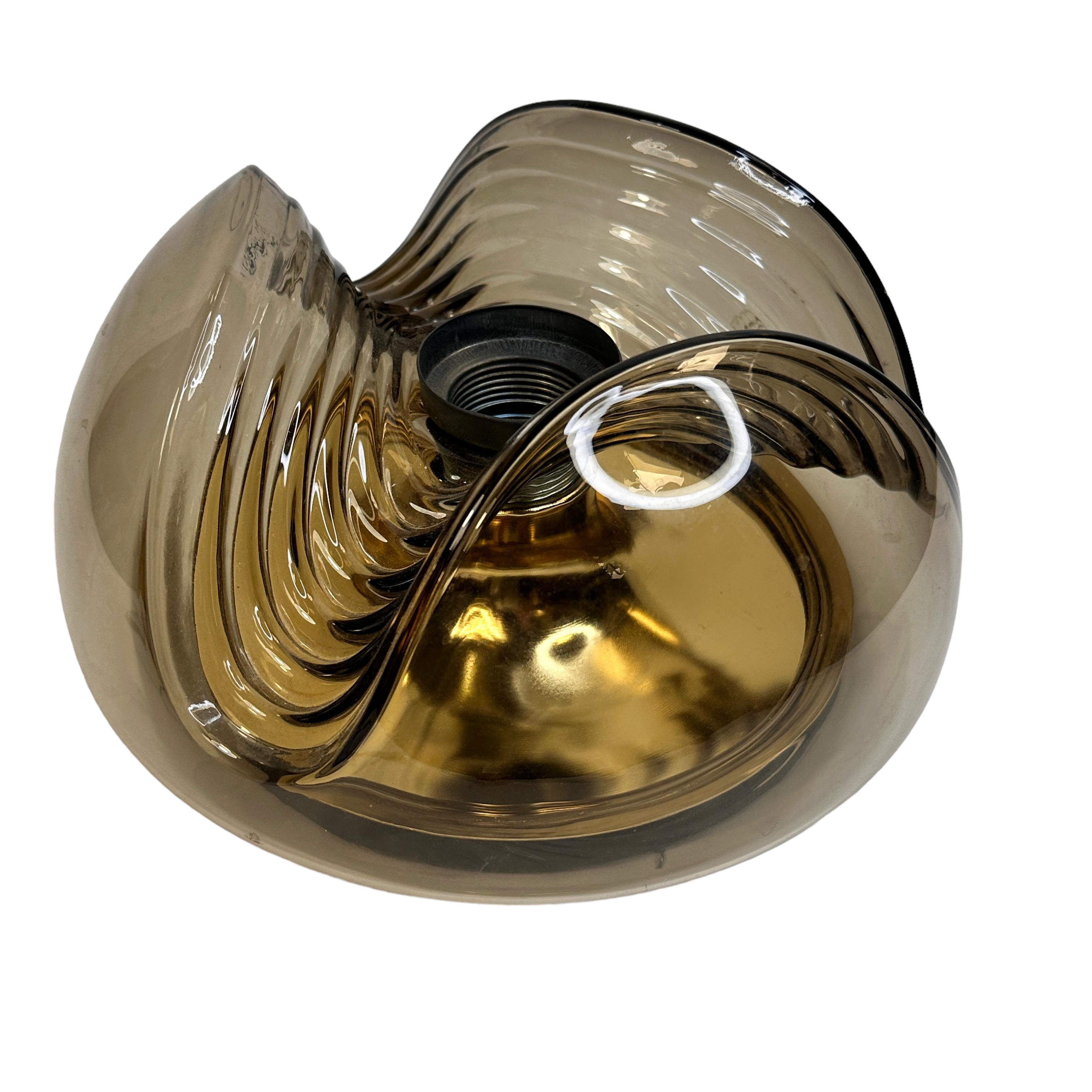 Mid-Century Modern Peill & Putzler Biomorphic Flush Mount Light Amber Glass Wave Koch Lowy, 1960s For Sale