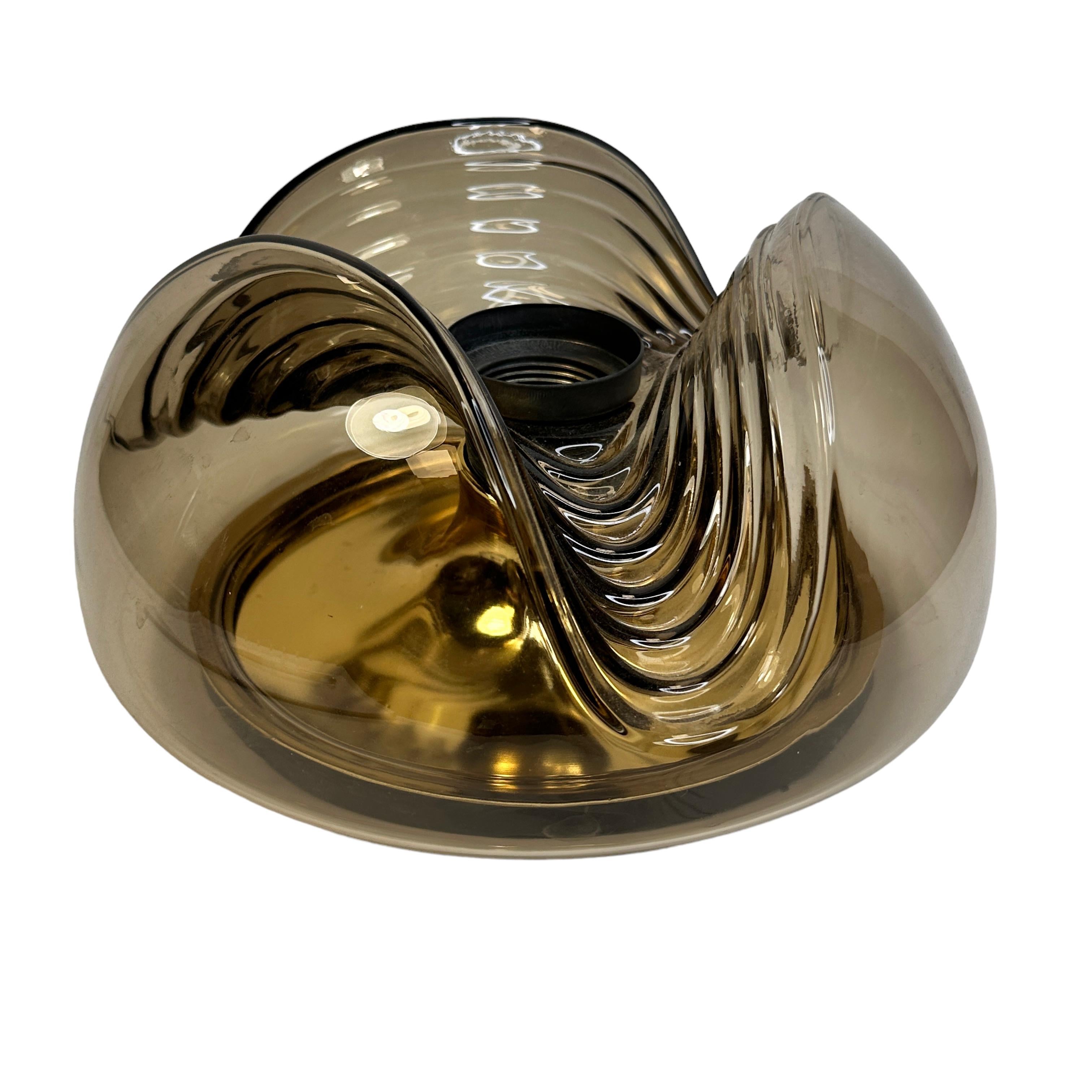 German Peill & Putzler Biomorphic Flush Mount Light Amber Glass Wave Koch Lowy, 1960s For Sale