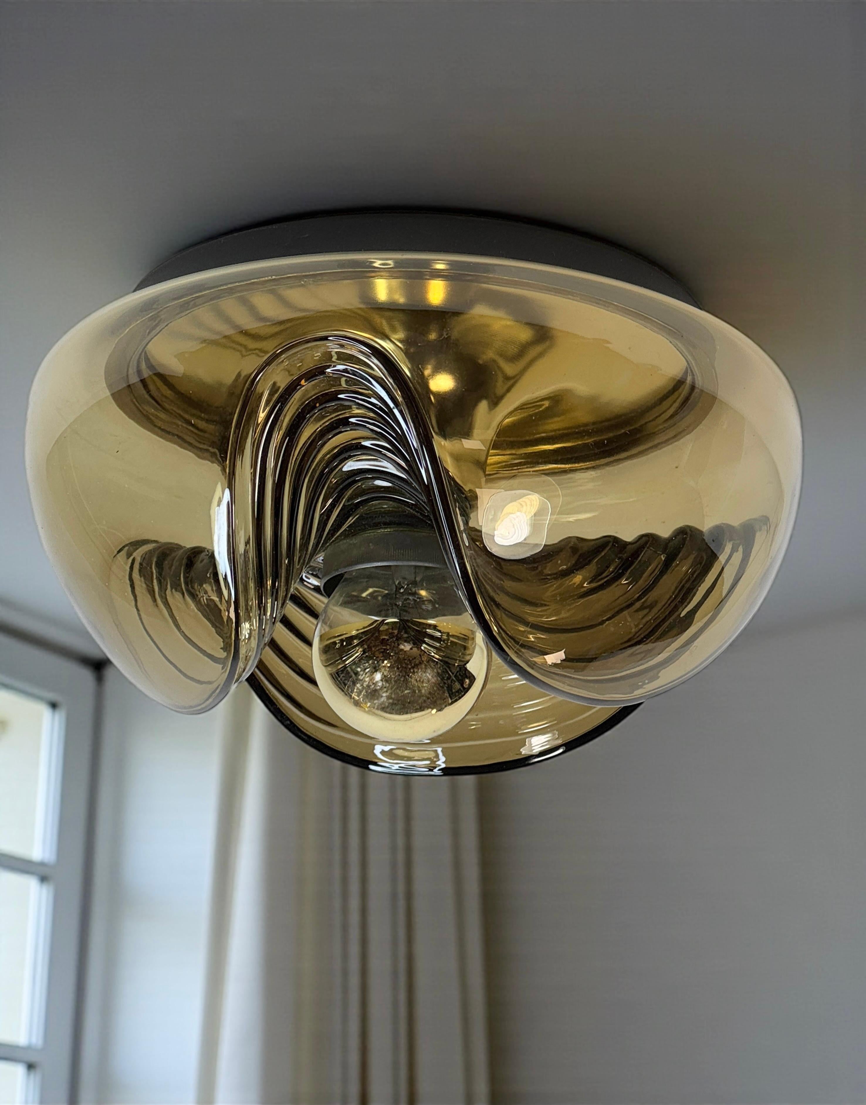 Mid-20th Century Peill & Putzler Biomorphic Flush Mount Light Amber Glass Wave Koch Lowy, 1960s For Sale
