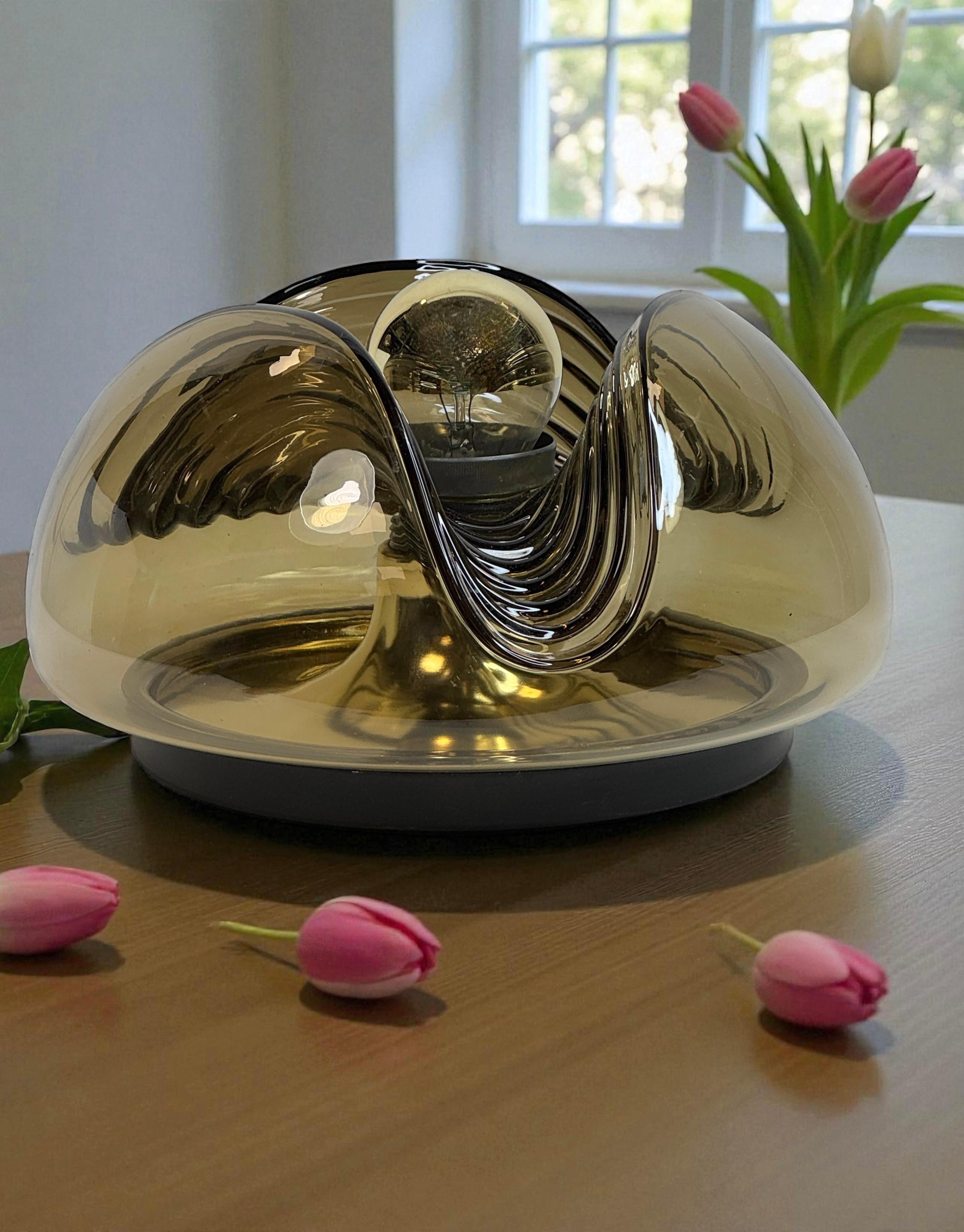 Metal Peill & Putzler Biomorphic Flush Mount Light Amber Glass Wave Koch Lowy, 1960s For Sale