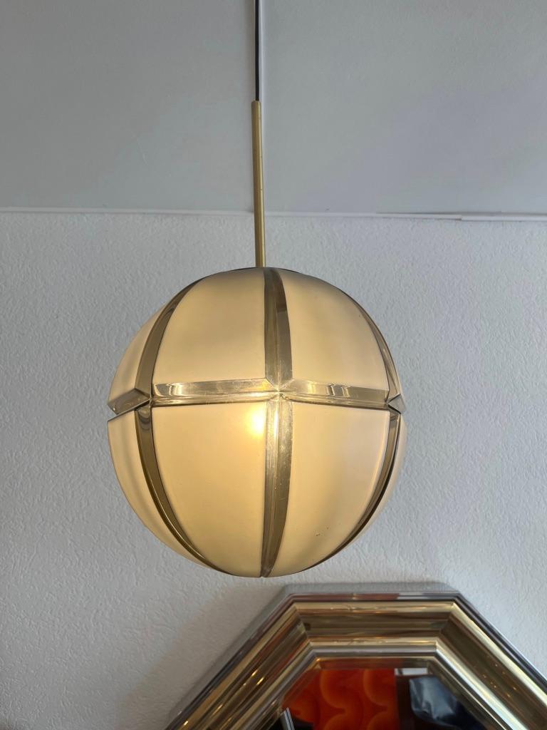 Frosted Peill & Putzler Brass and Glass Pendant Lamp, Germany, Ca. 1960s For Sale