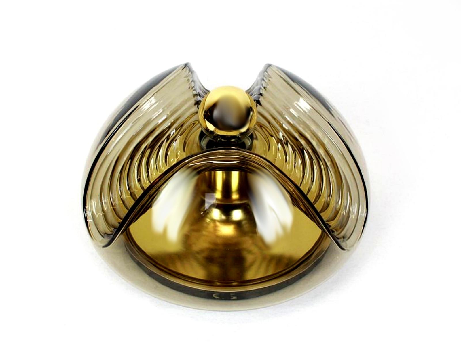 20th Century Peill & Putzler Brass & Smoked Glass Sconce Flush Mount Lamp, 1970s, Germany For Sale