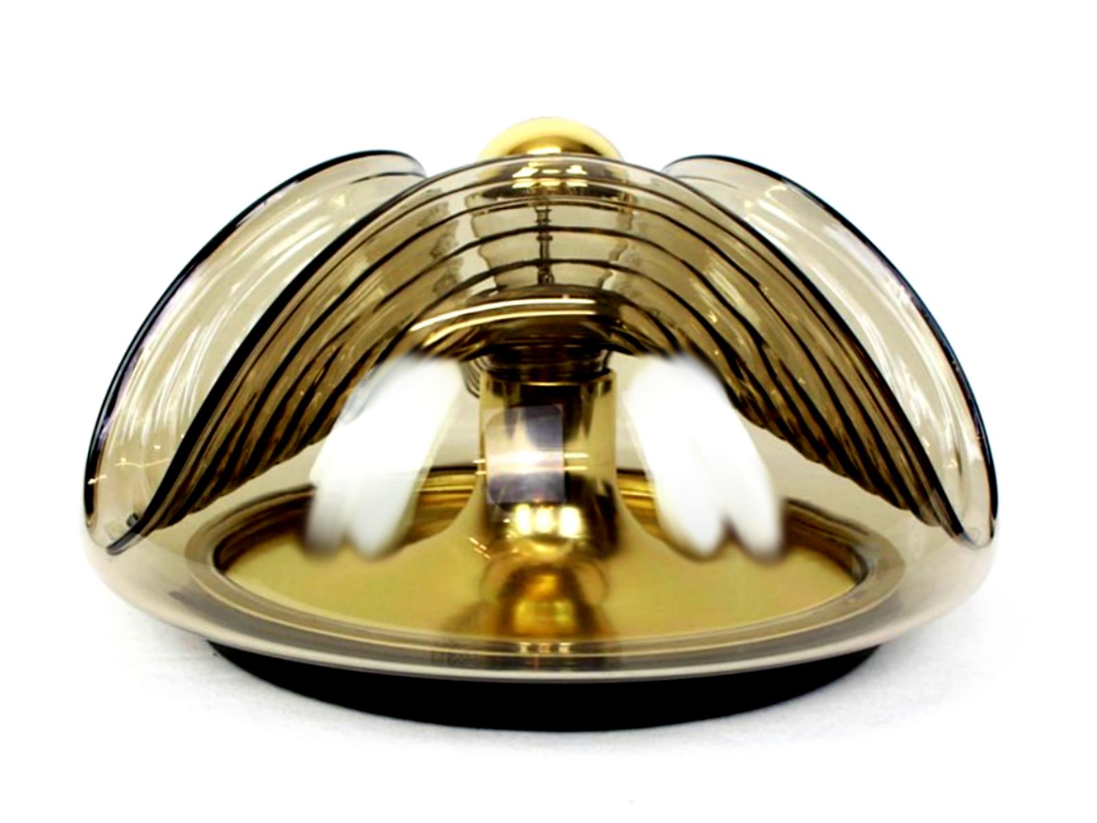 Peill & Putzler Brass & Smoked Glass Sconce Flush Mount Lamp, 1970s, Germany For Sale 1