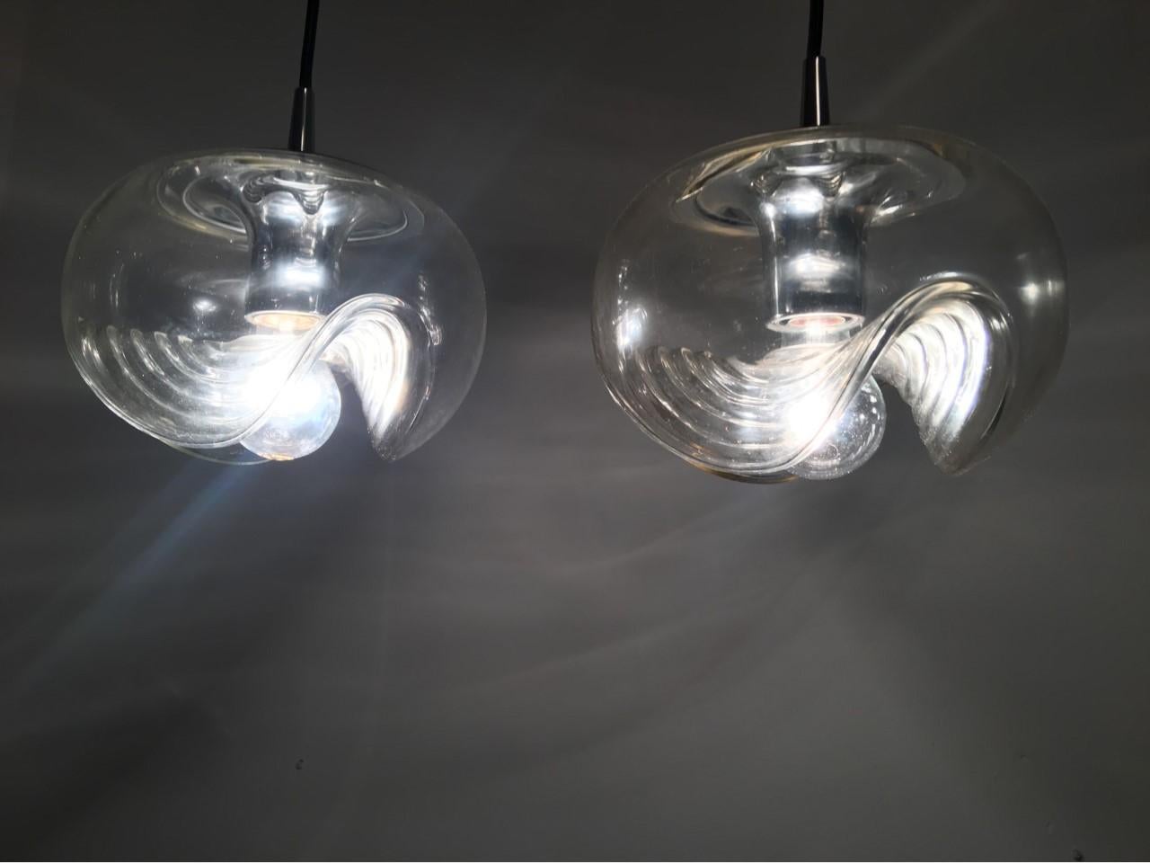 Late 20th Century Peill & Putzler Clear Glass and Chrome Pendants from 1970s, Germany