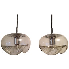 Peill 
Putzler Clear Glass and Chrome Pendants from 1970s, Germany